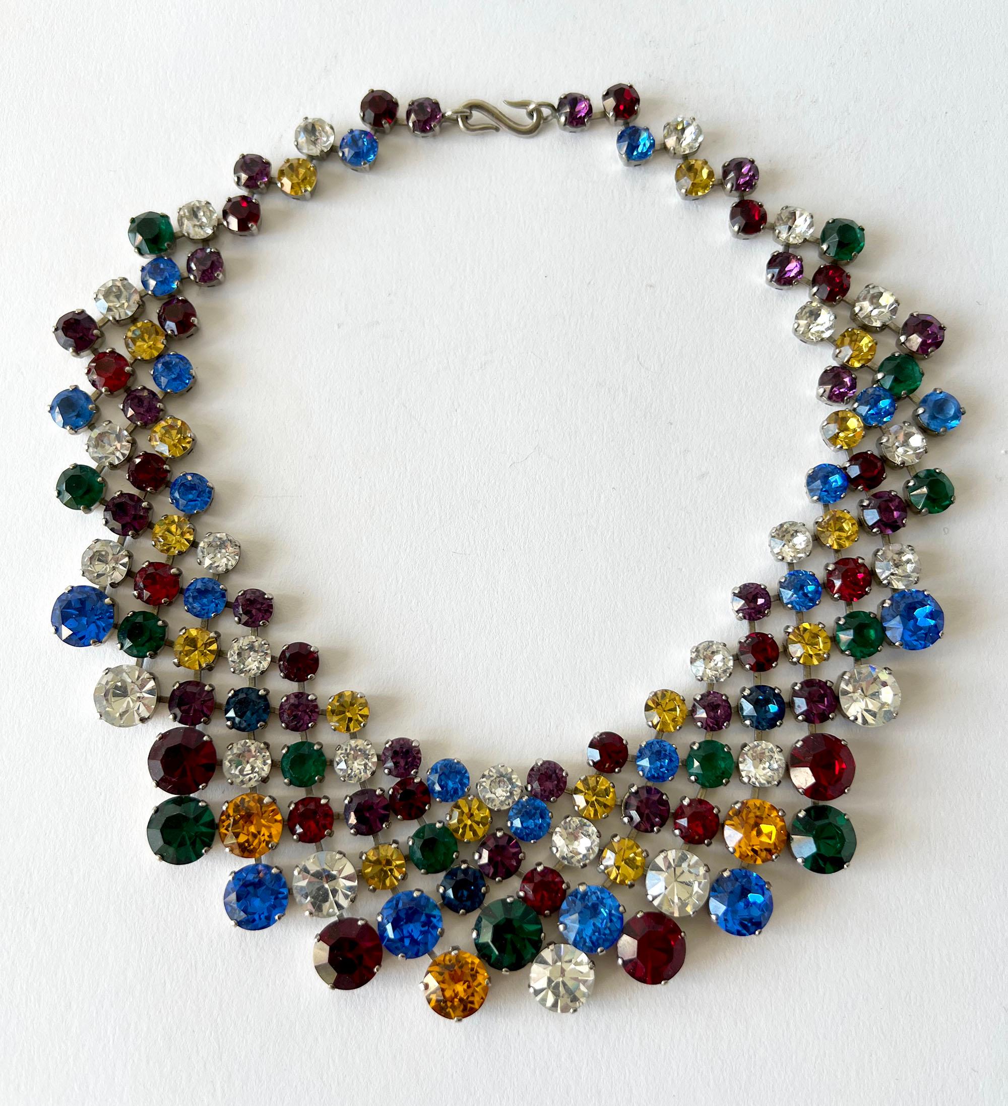 Vintage 1960s YSL bib necklace with multi colored crystal glass stones. Necklace measures 17
