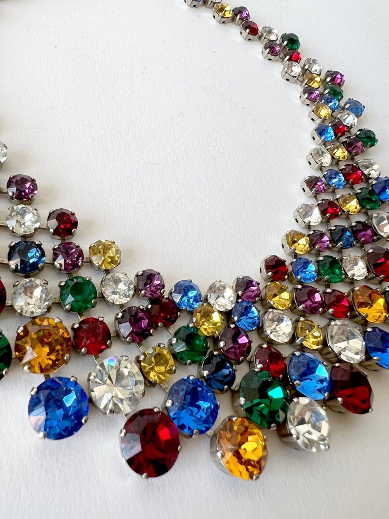 Artisan Vintage 1960s Yves Saint Laurent YSL Multi Colored Crystal Glass Bib Necklace For Sale