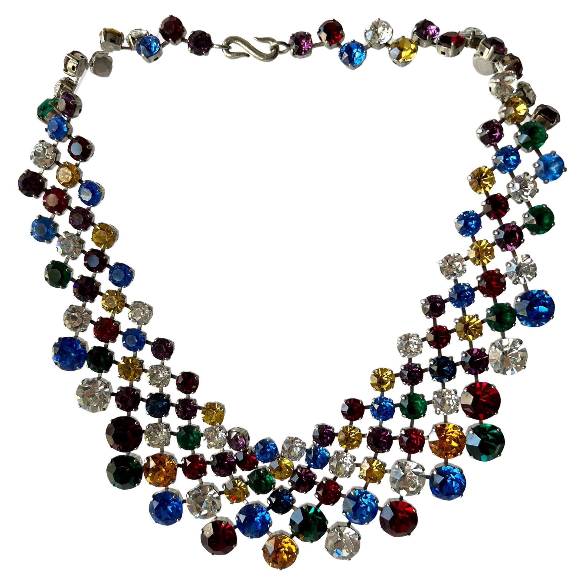 Vintage 1960s Yves Saint Laurent YSL Multi Colored Crystal Glass Bib Necklace