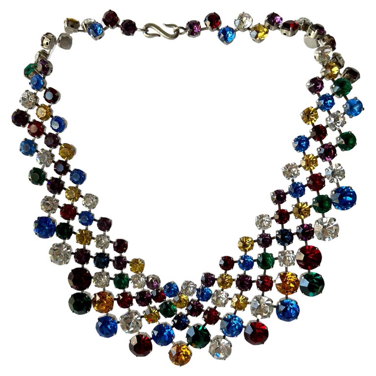 Vintage 1960s Yves Saint Laurent YSL Multi Colored Crystal Glass Bib Necklace For Sale
