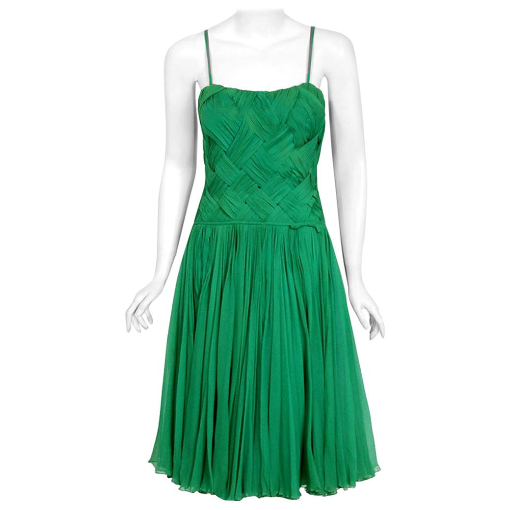 Vintage 1960s Carven Couture Seafoam Green Ribbon Weave Chiffon Full-Skirt  Dress