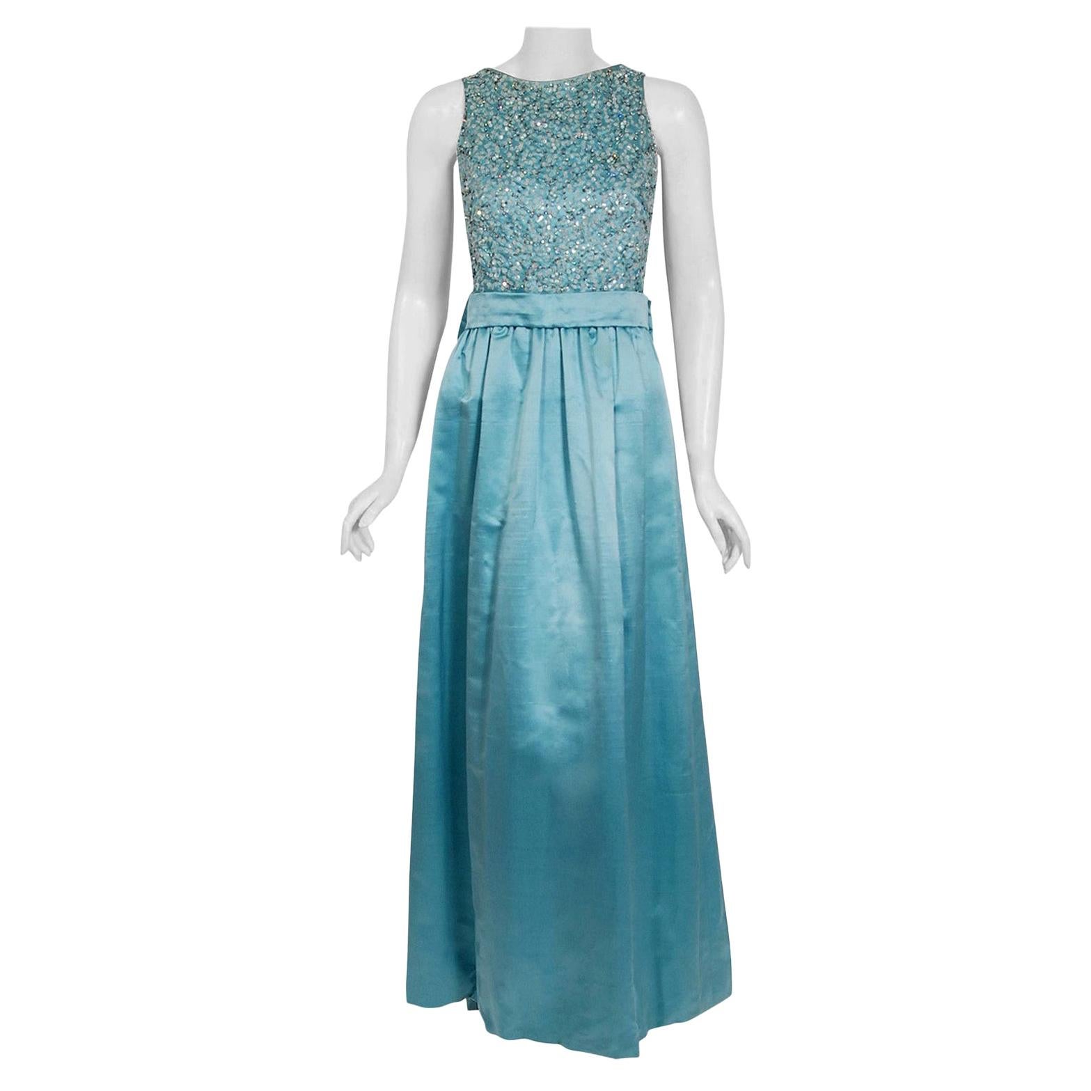 Vintage 1961 Charles Cooper Couture Aqua-Blue Beaded Satin Backless Gown & Coat
