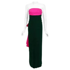 Vintage 1962 Helena Barbieri Couture Magenta Silk & Green Chiffon Strapless Gown