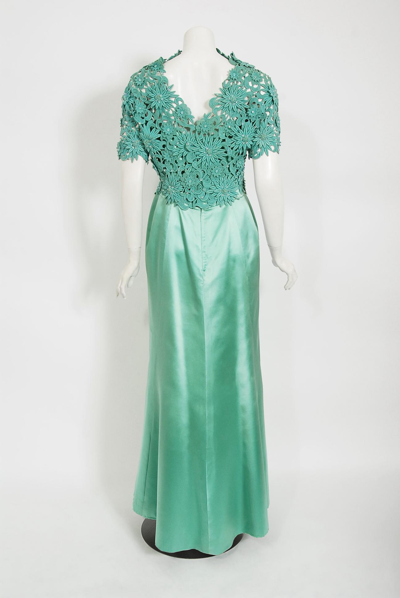 Vintage 1962 Nina Ricci Couture Seafoam Blue Green Beaded Lace Satin Fitted Gown 3