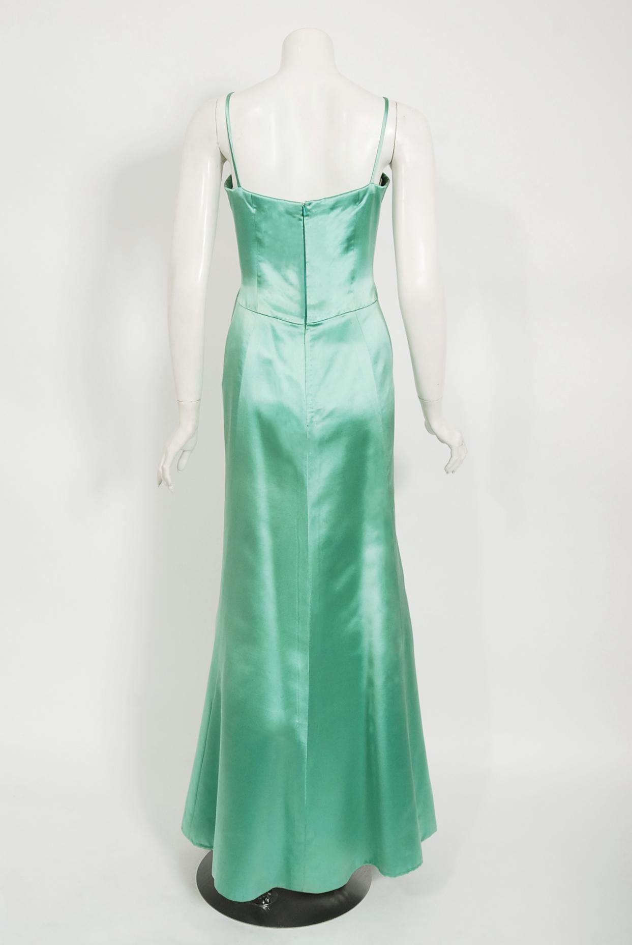 Vintage 1962 Nina Ricci Couture Seafoam Blue Green Beaded Lace Satin Fitted Gown 5