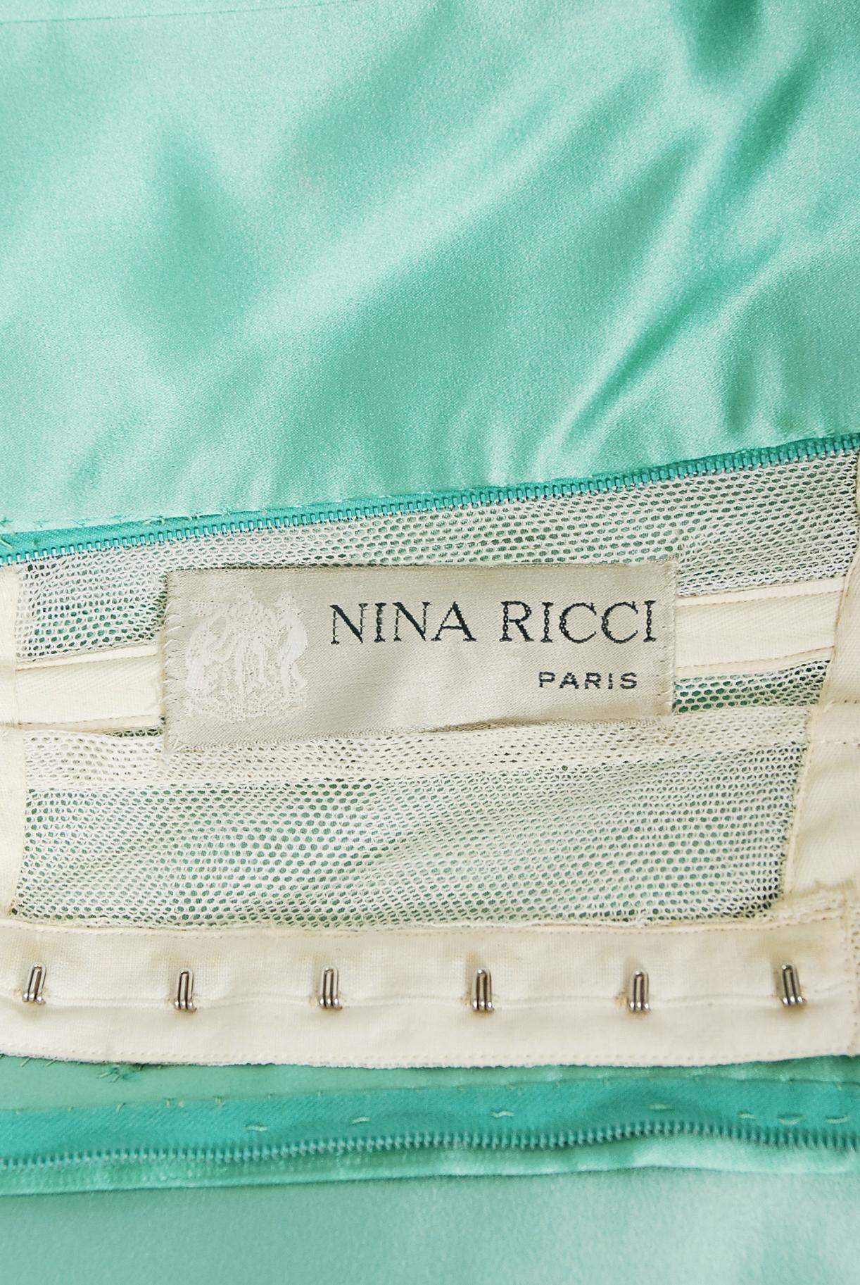 Vintage 1962 Nina Ricci Couture Seafoam Blue Green Beaded Lace Satin Fitted Gown 7