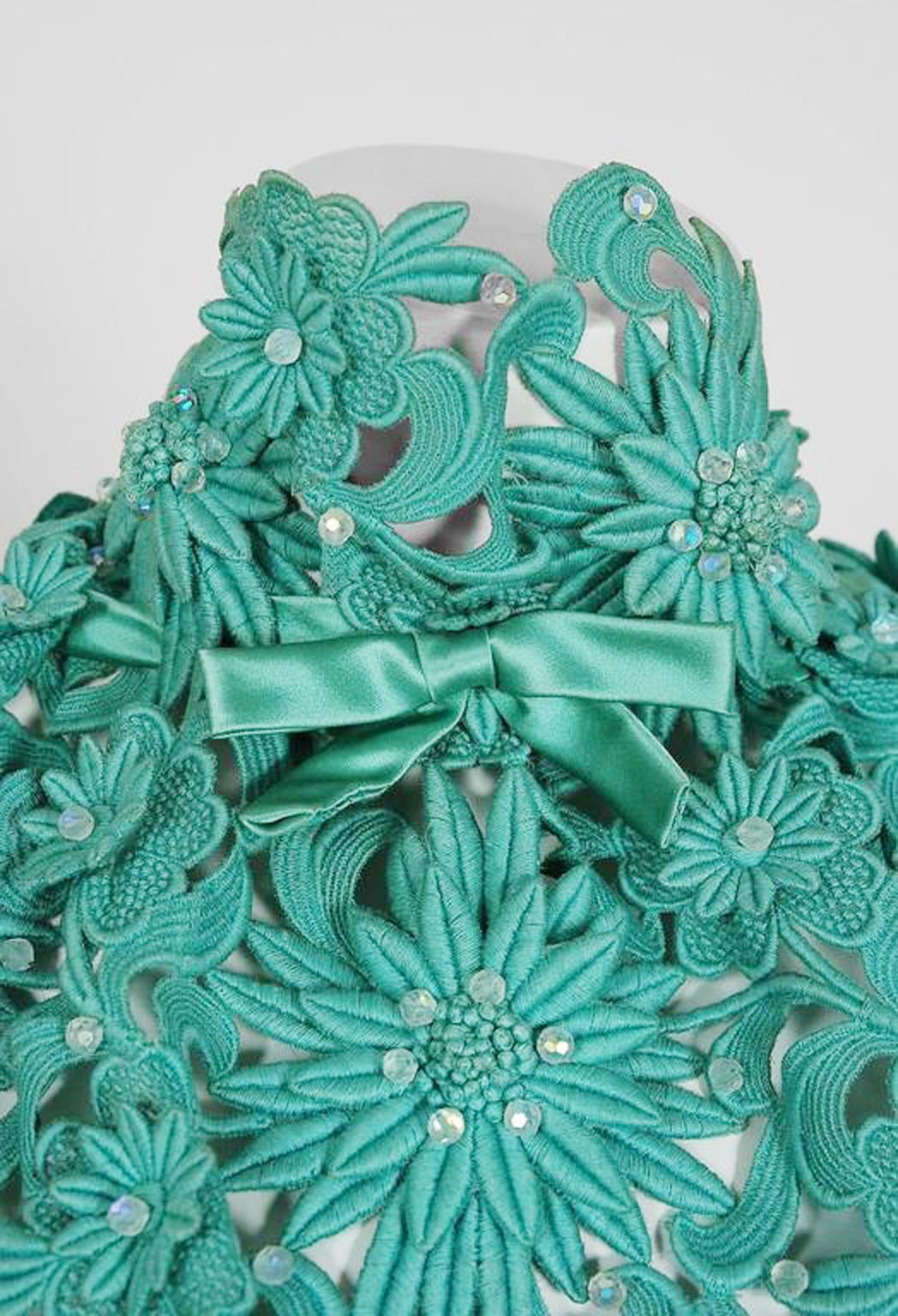 Women's Vintage 1962 Nina Ricci Couture Seafoam Blue Green Beaded Lace Satin Fitted Gown