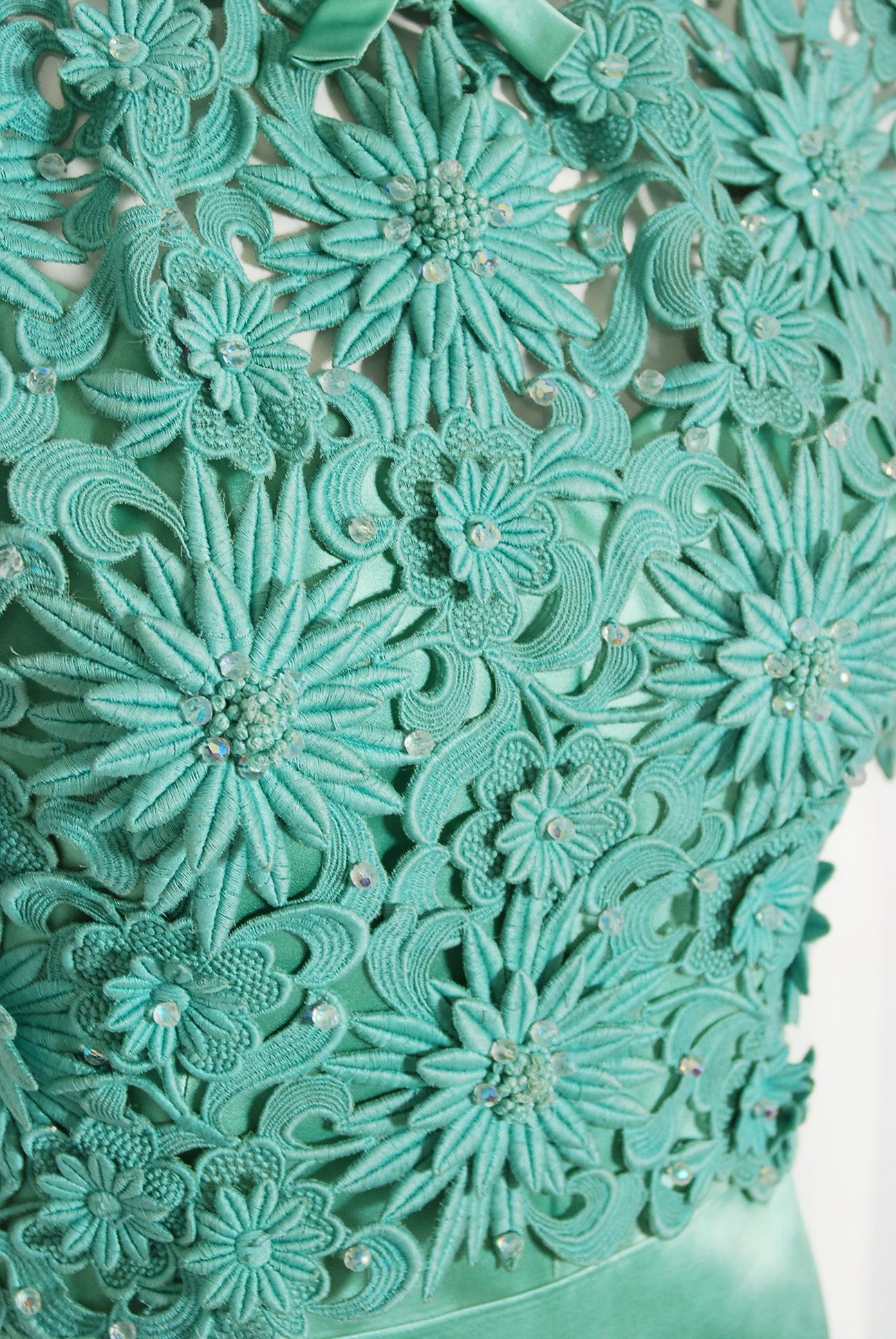Vintage 1962 Nina Ricci Couture Seafoam Blue Green Beaded Lace Satin Fitted Gown 1
