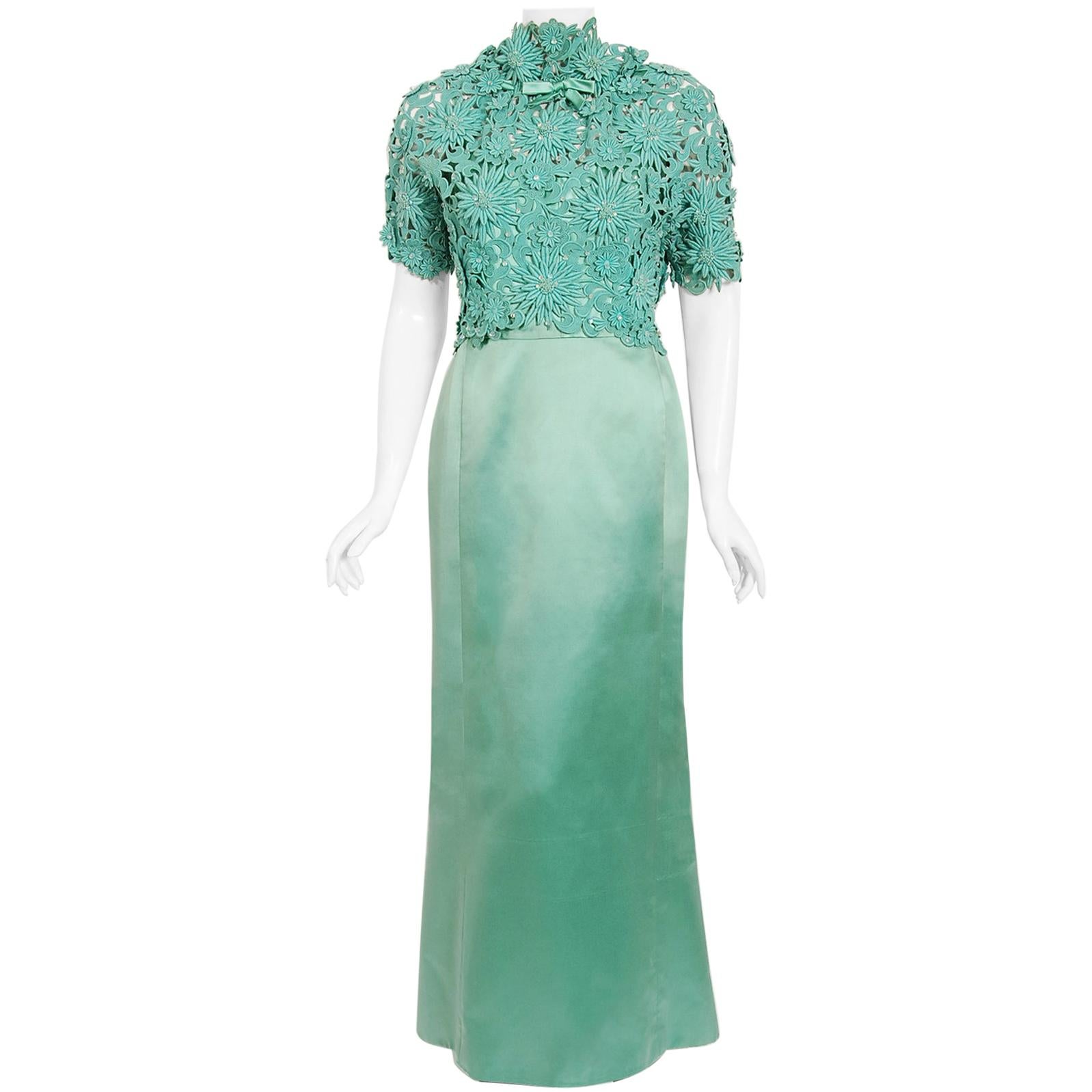 Vintage 1962 Nina Ricci Couture Seafoam Blue Green Beaded Lace Satin Fitted Gown
