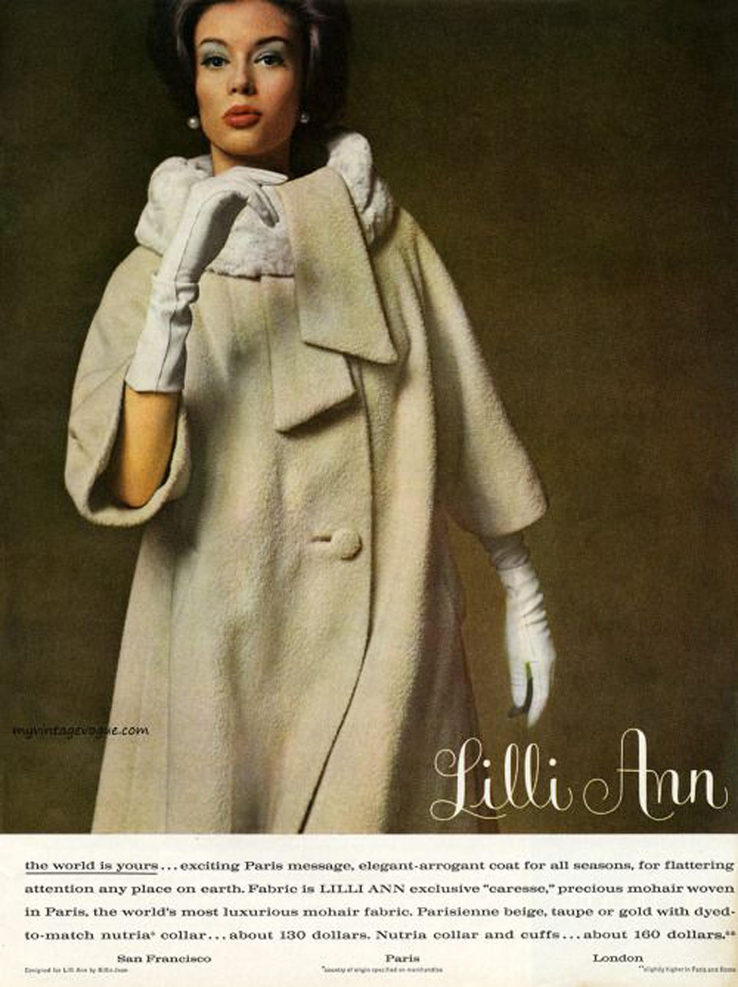 An absolutely gorgeous Lilli-Ann designer coat dating back to their documented 1963 fall-winter collection. Lilli Ann was started in San Francisco in 1933 by Adolph Schuman, naming his company for his wife, Lillian. The company became known for