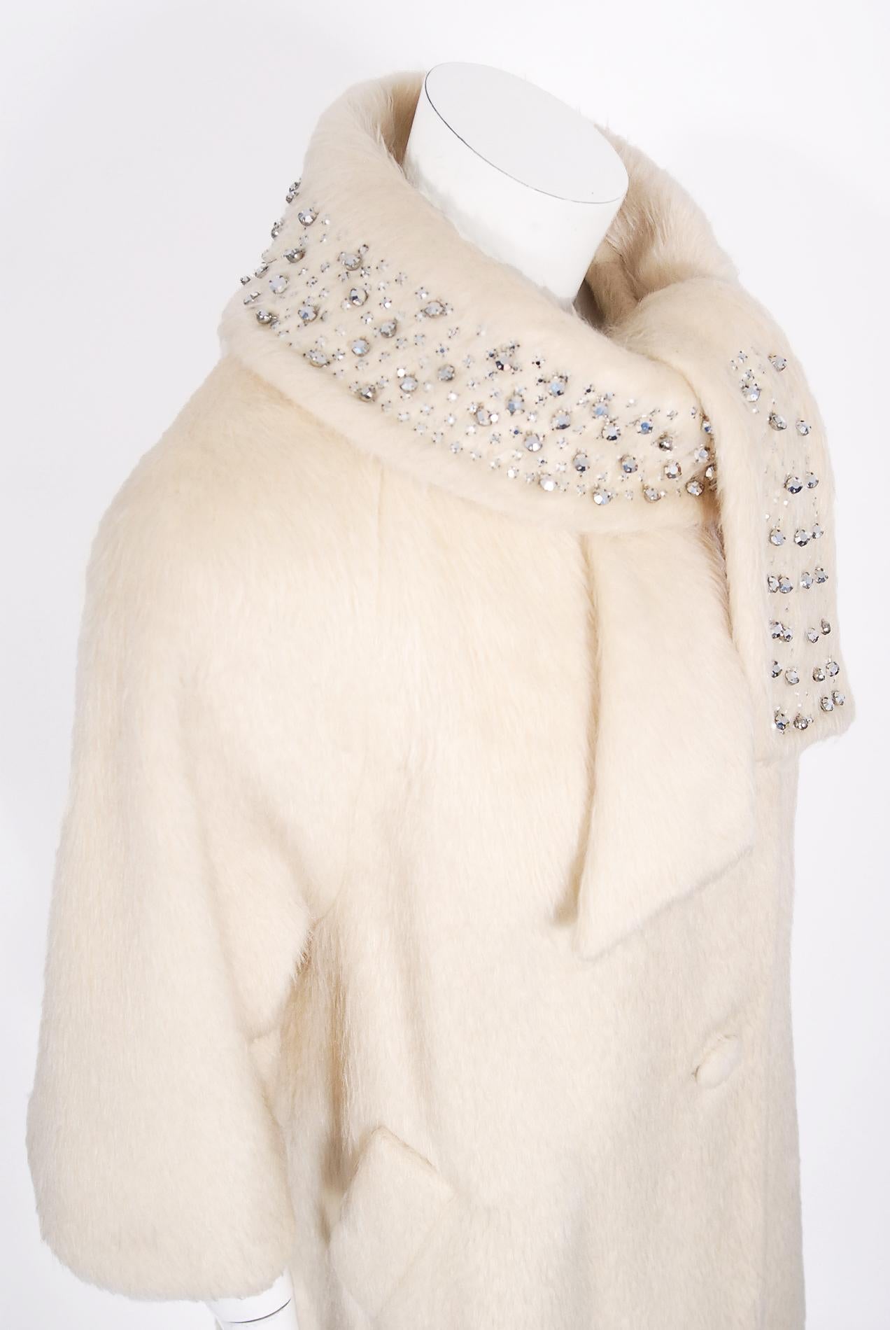 White Vintage 1963 Lilli-Ann Cream Mohair Rhinestone Beaded Tie-Collar Swing Coat