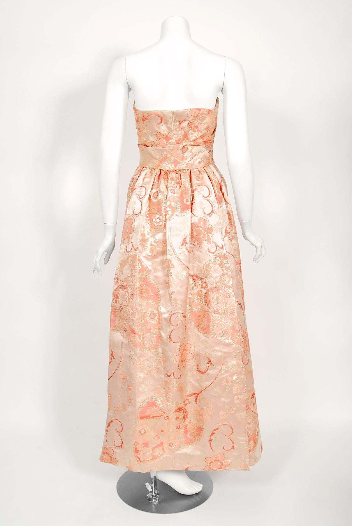 Vintage 1963 Pierre Balmain Couture Documented Metallic Pink Silk Strapless Gown 5