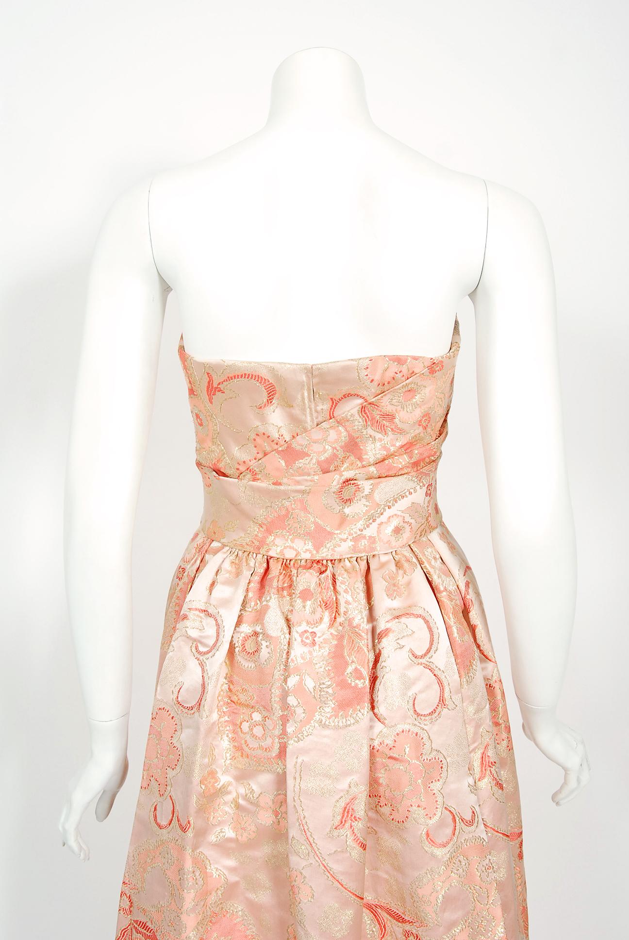 Vintage 1963 Pierre Balmain Couture Documented Metallic Pink Silk Strapless Gown 6