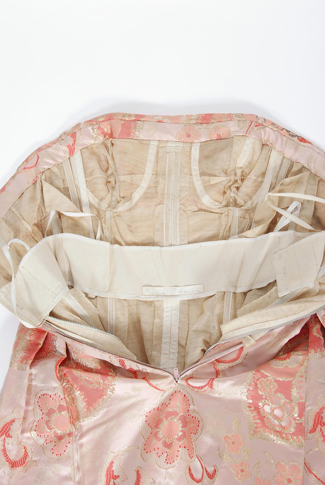 Vintage 1963 Pierre Balmain Couture Documented Metallic Pink Silk Strapless Gown 7