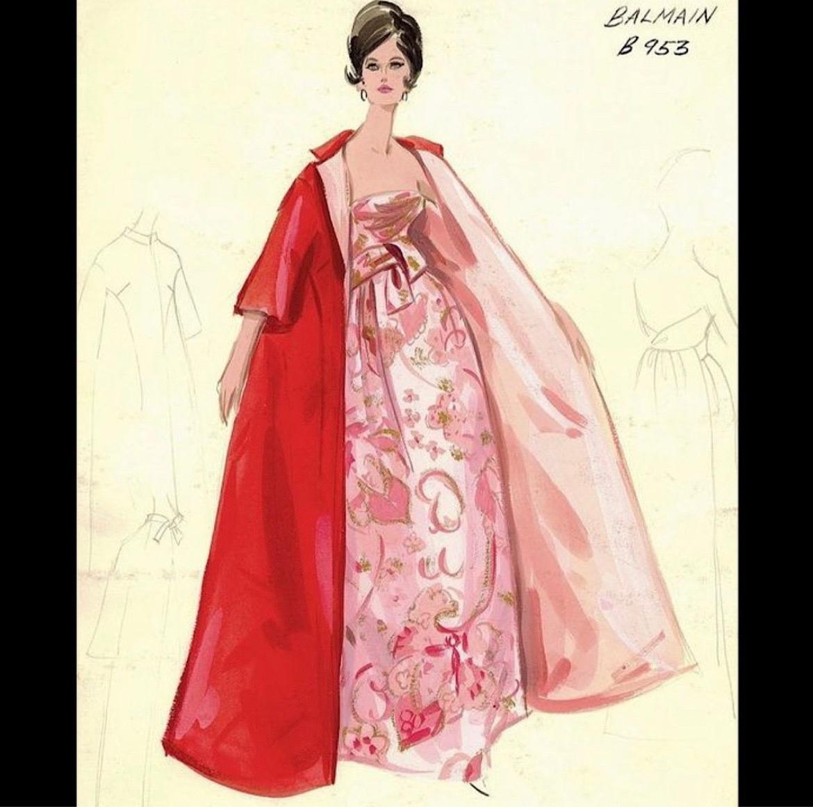 A simply beautiful Pierre Balmain haute couture silk-brocade evening gown dating back to his fall-winter 1963 collection. As shown, we were thrilled to find the original illustration and Bergdorf Goodman client order label. Pierre Balmain worked