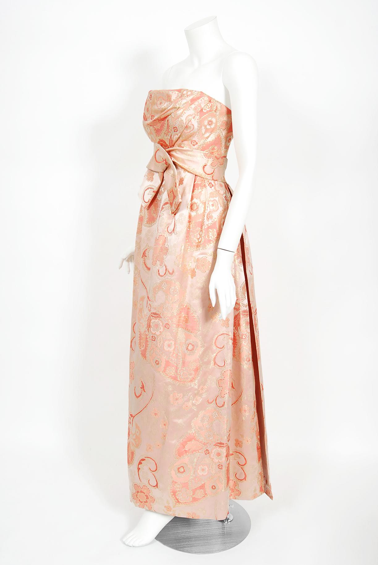Women's Vintage 1963 Pierre Balmain Couture Documented Metallic Pink Silk Strapless Gown