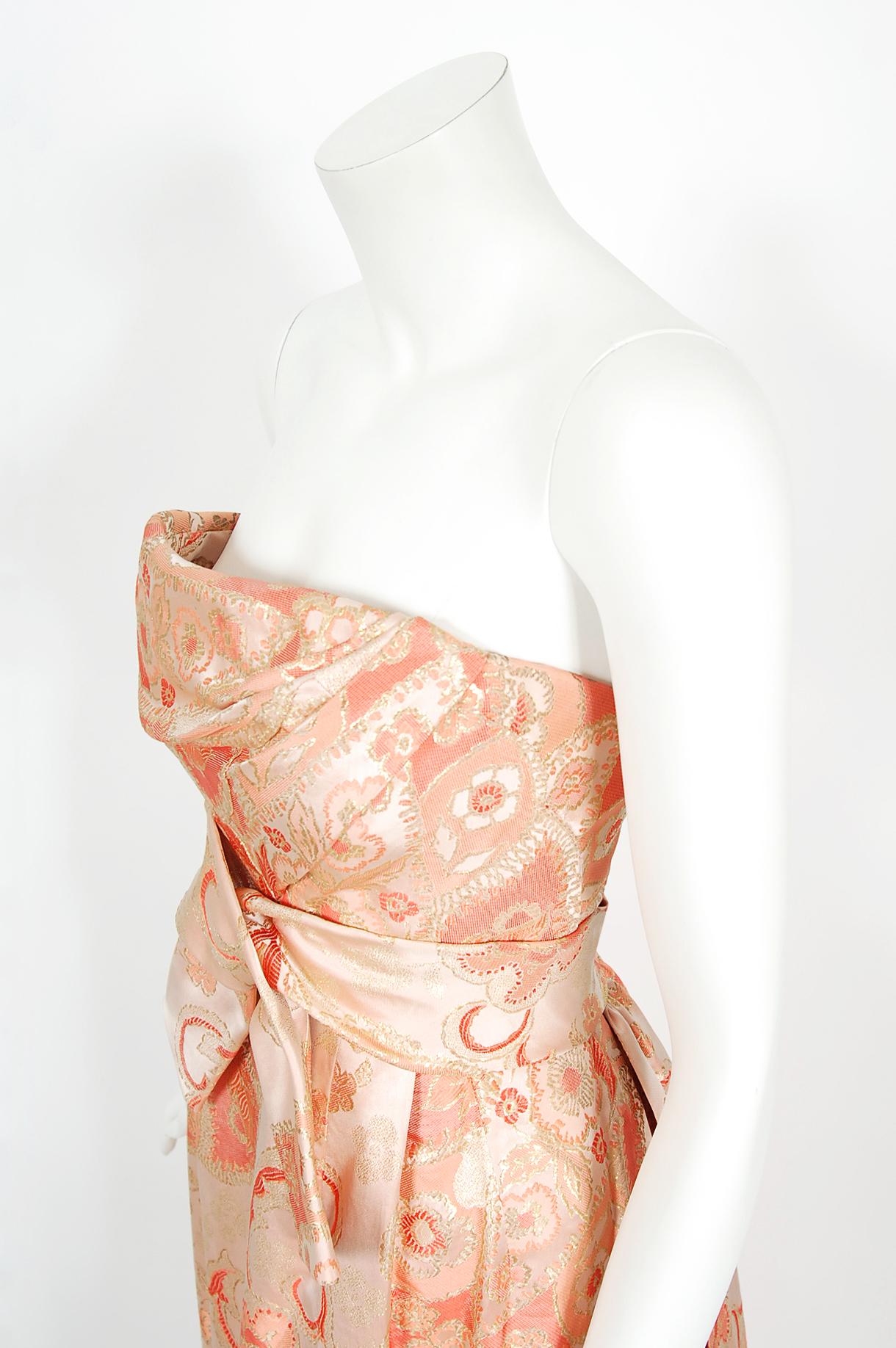 Vintage 1963 Pierre Balmain Couture Documented Metallic Pink Silk Strapless Gown 1