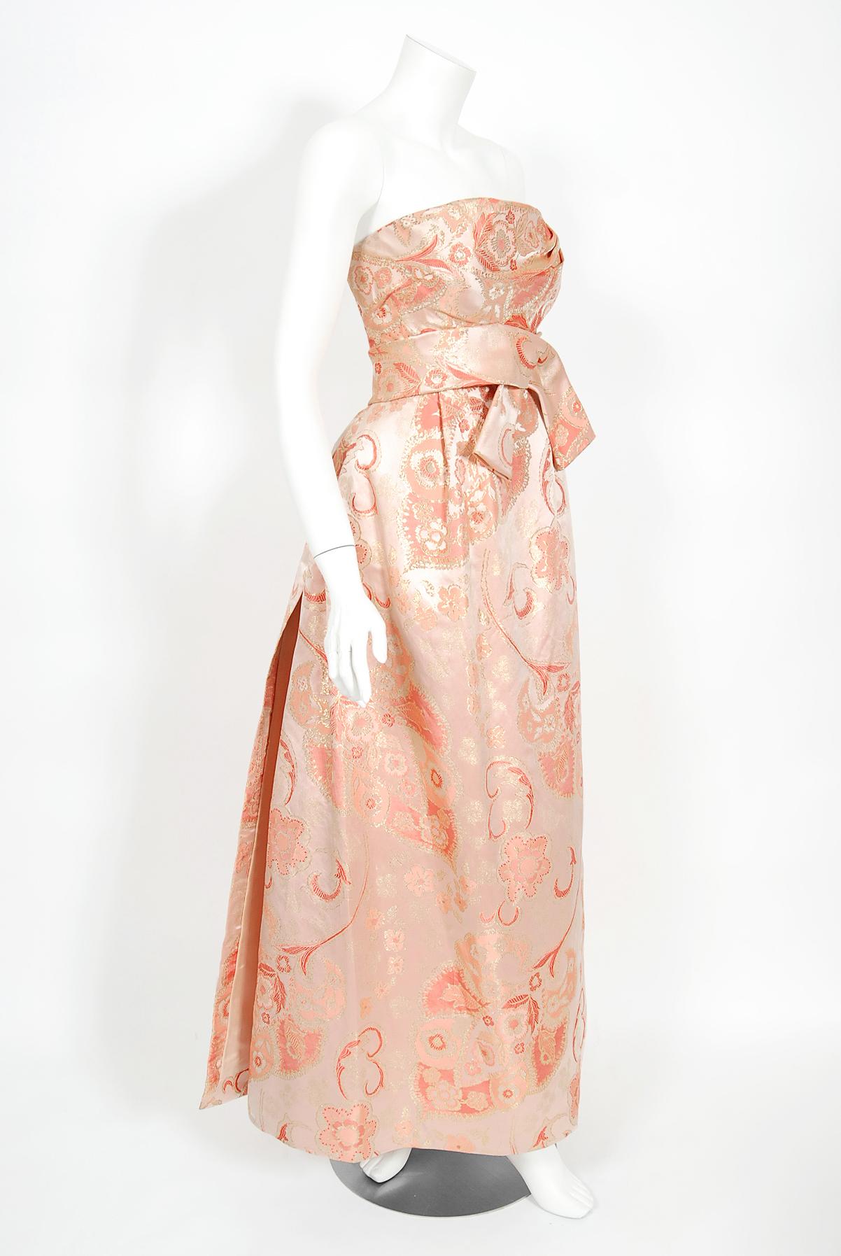 Vintage 1963 Pierre Balmain Couture Documented Metallic Pink Silk Strapless Gown 3