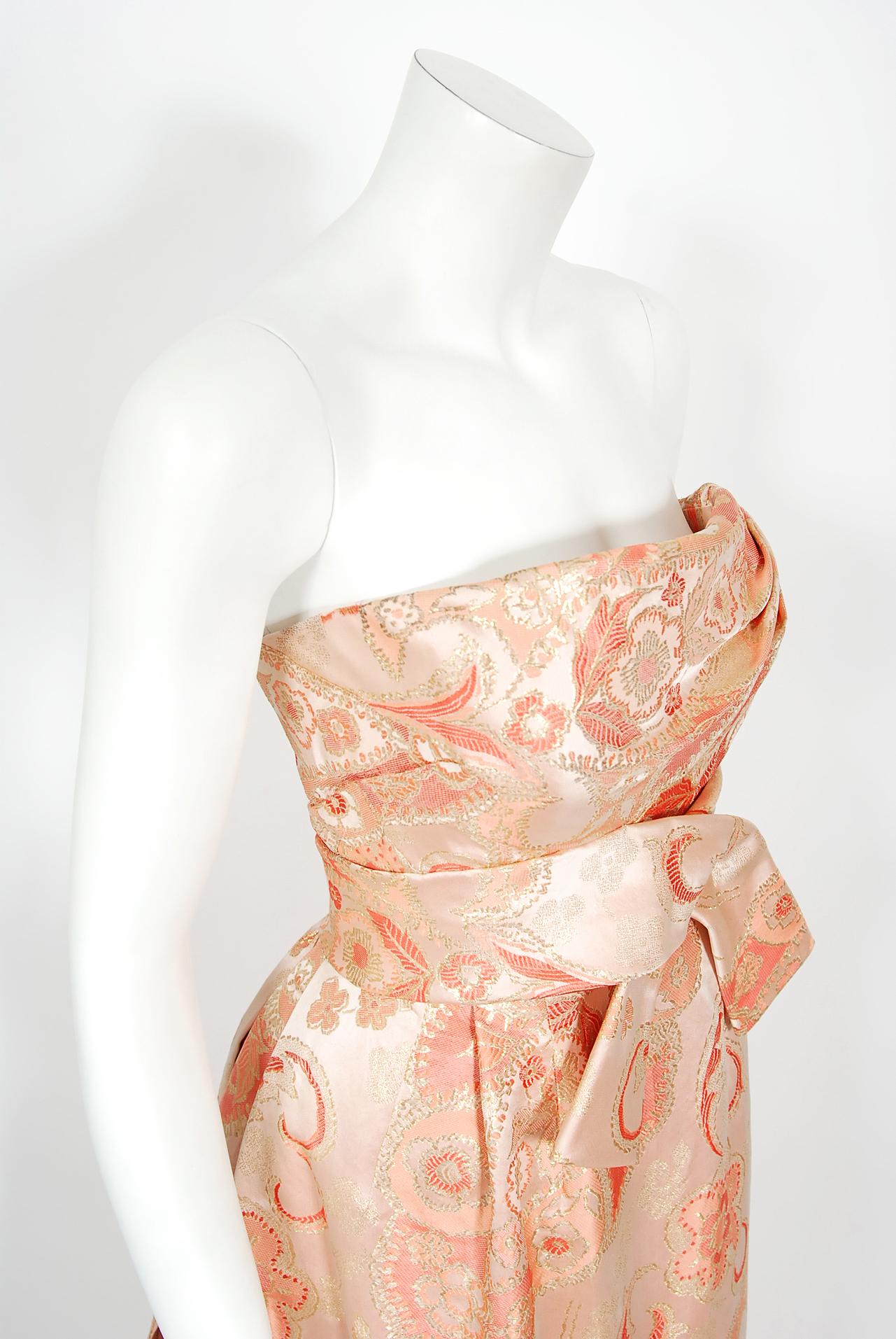 Vintage 1963 Pierre Balmain Couture Documented Metallic Pink Silk Strapless Gown 4