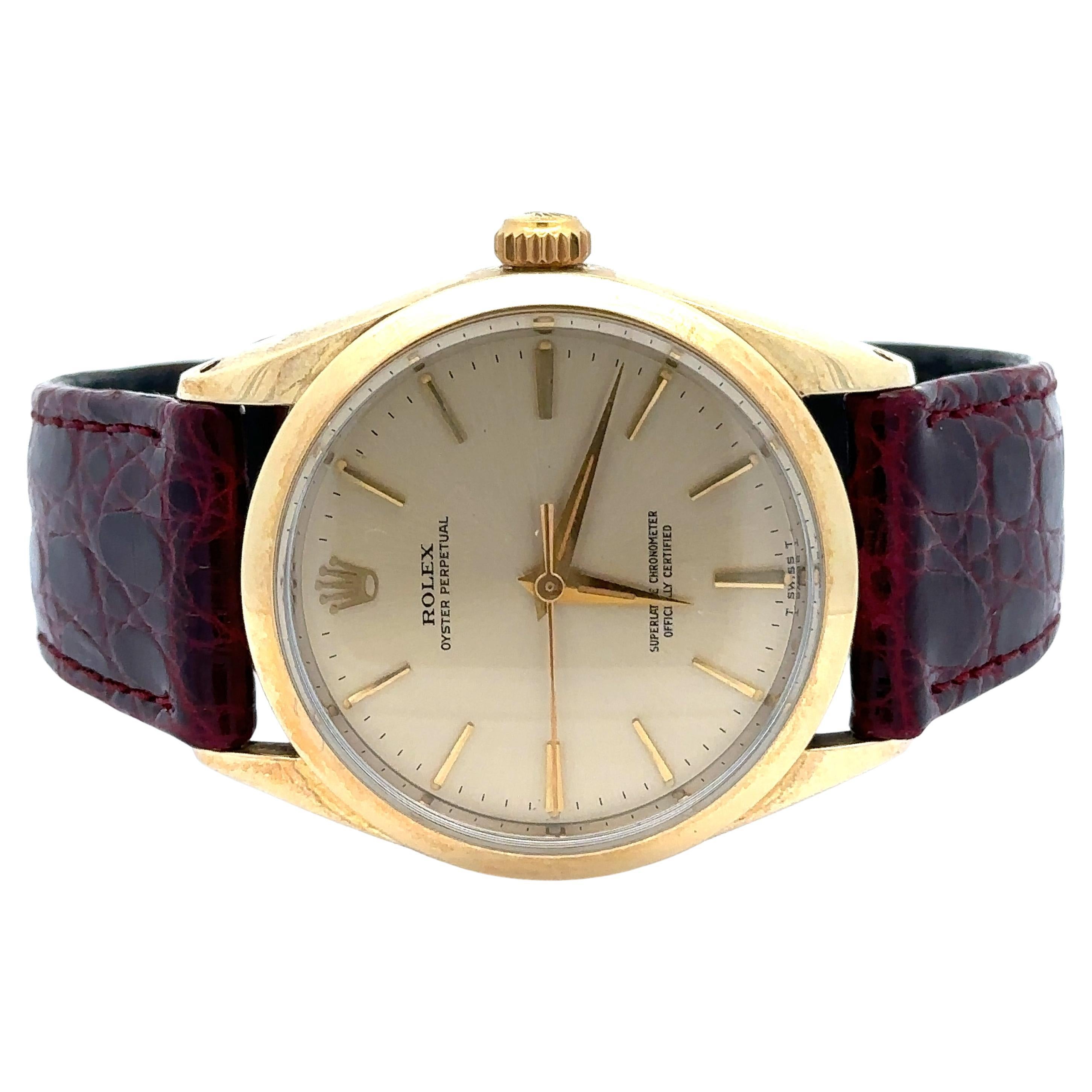 Vintage 1963 Rolex Oyster Perpetual Yellow Gold Capped 34mm Wrist Watch Ref 1024 en vente