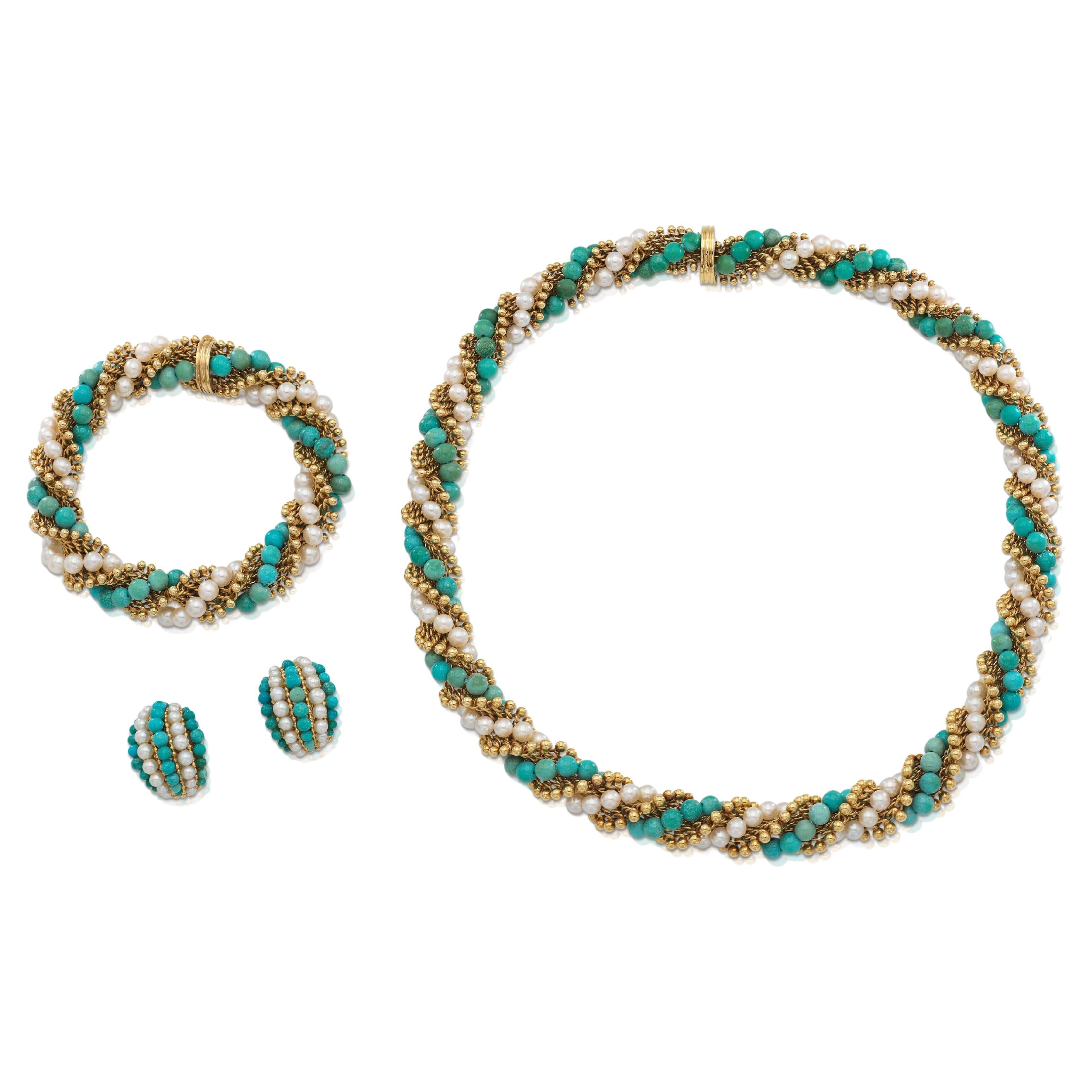 Vintage 1963 Van Cleef & Arpels Turquoise and Pearls Twist Set