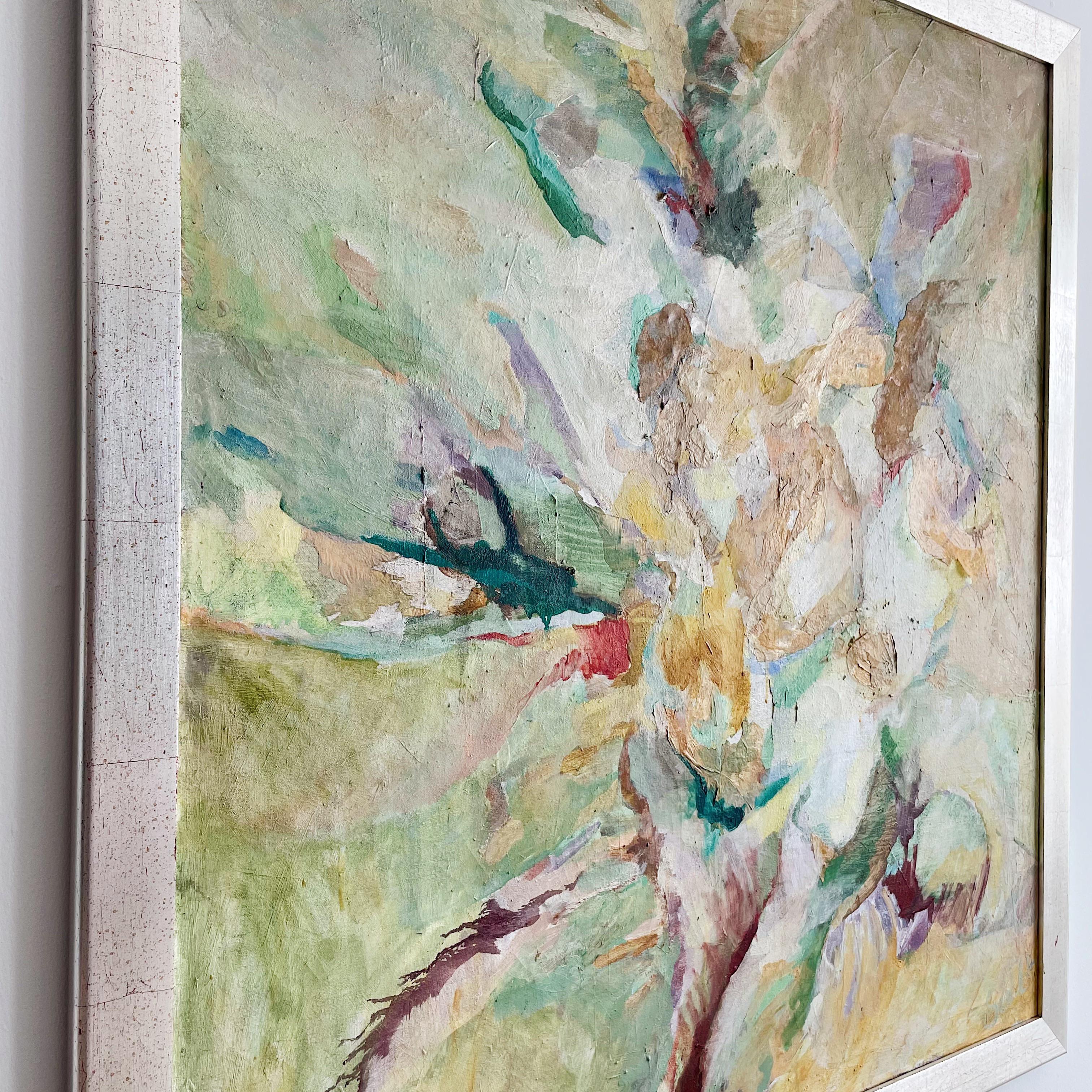 Multi color abstract vintage painting on canvas. Illegible signature dated 1964. in contemporary silver leaf frame.