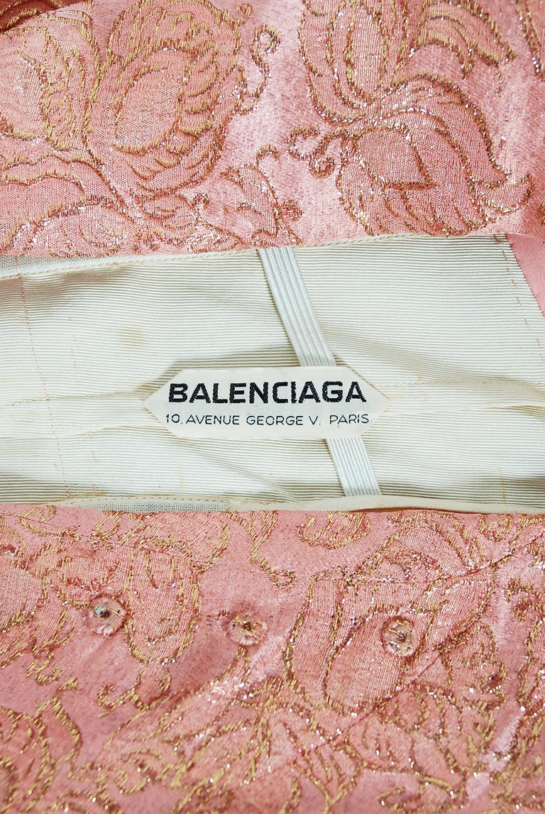 Vintage 1964 Balenciaga Haute Couture Metallic Pink Beaded Silk Strapless Dress For Sale 6