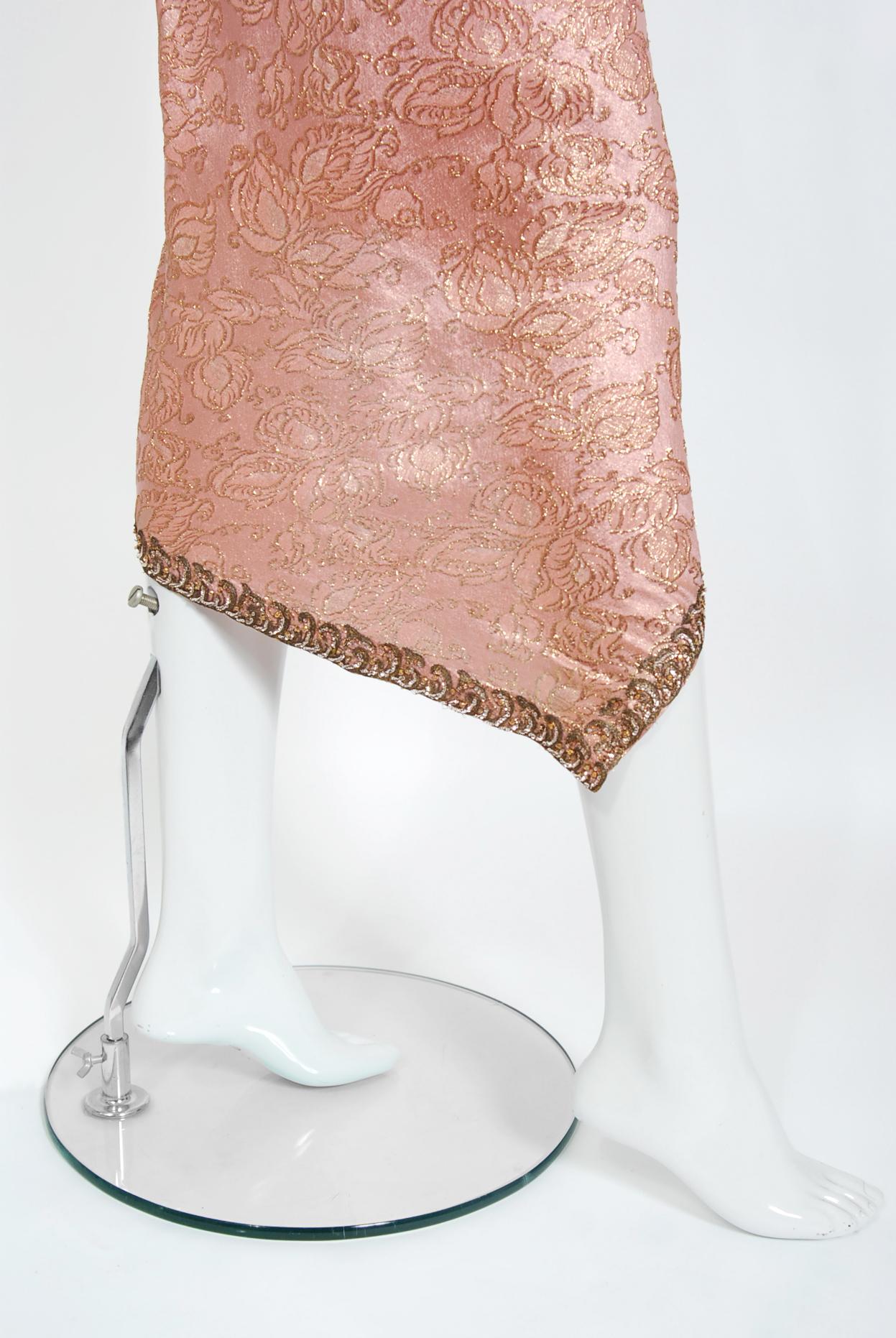 Beige 1965 Balenciaga Haute Couture Museum-Held Metallic Pink Gold Beaded Silk Dress For Sale