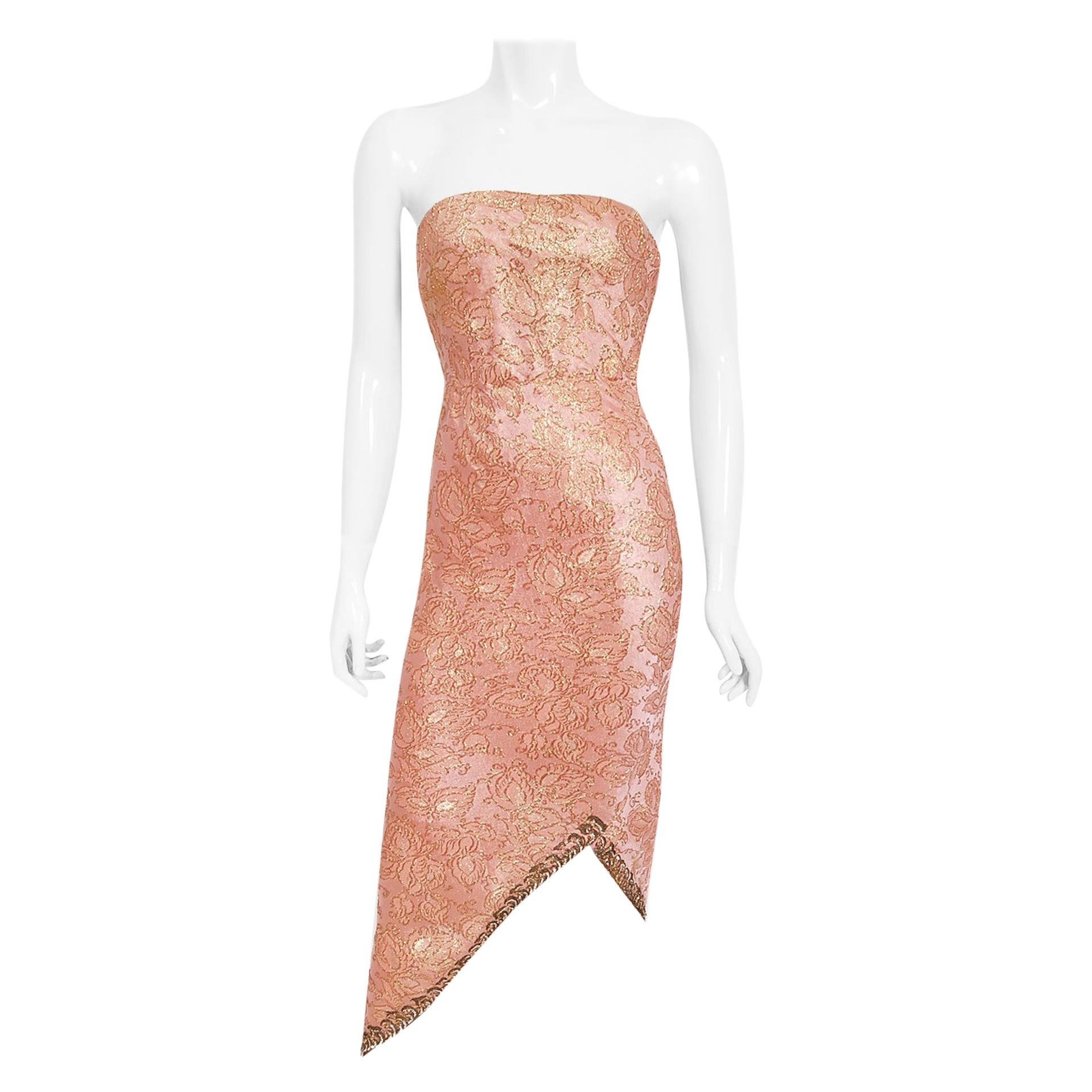 Vintage 1964 Balenciaga Haute Couture Metallic Pink Beaded Silk Strapless  Dress For Sale at 1stDibs