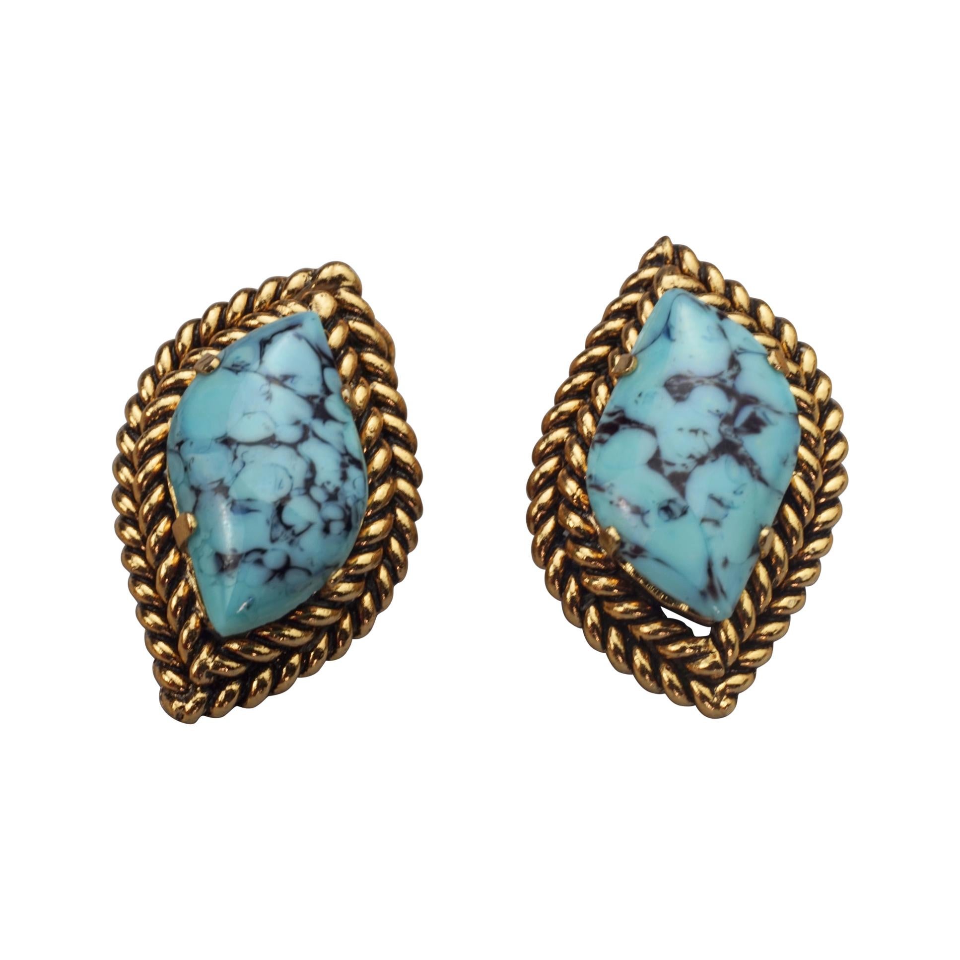 Vintage 1964 CHRISTIAN DIOR Turquoise Cabochon Braided Gilt Earrings