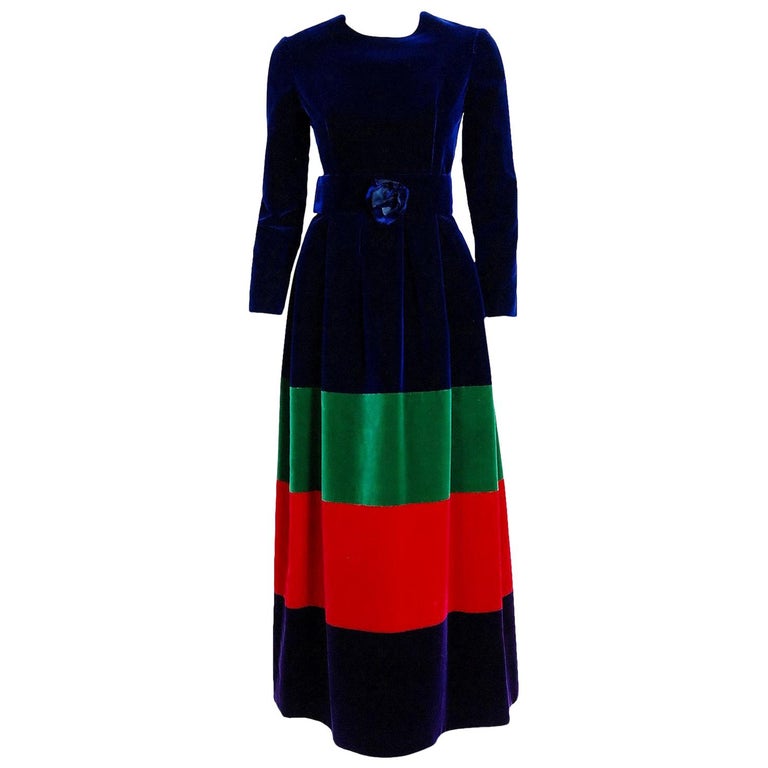 Vintage 1964 Nina Ricci Paris Couture Rainbow Block Color Silk-Velvet Maxi Dress For Sale