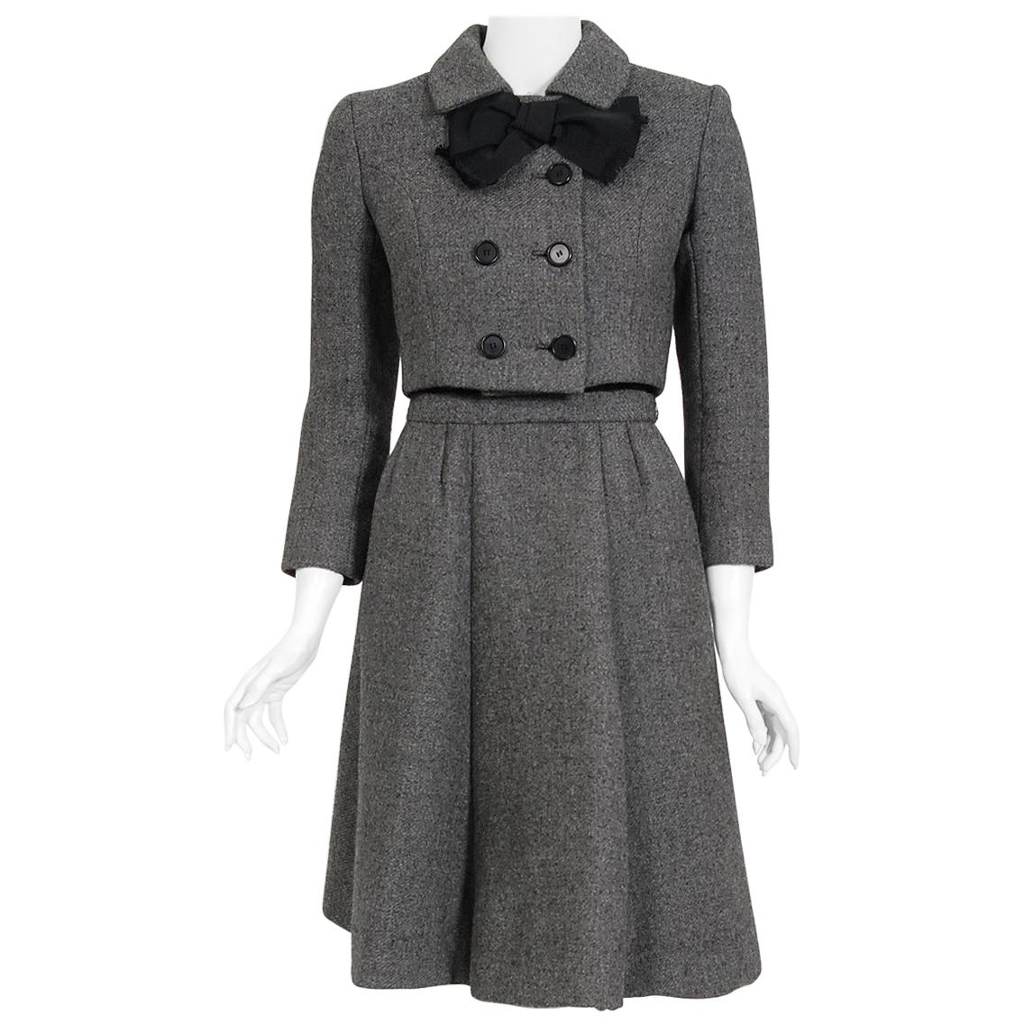 Vintage 1964 Norman Norell Documented Gray Wool Dress w/ Double ...