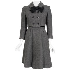 Retro 1964 Norman Norell Documented Gray Wool Dress w/ Double-Breasted Jacket