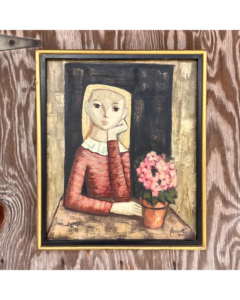 Step into a world of enduring grace with this vintage 1964 original oil portrait on canvas. Capturing the essence of a bygone era, this portrait radiates with timeless elegance and sophistication. Every brushstroke is a testament to the artist's