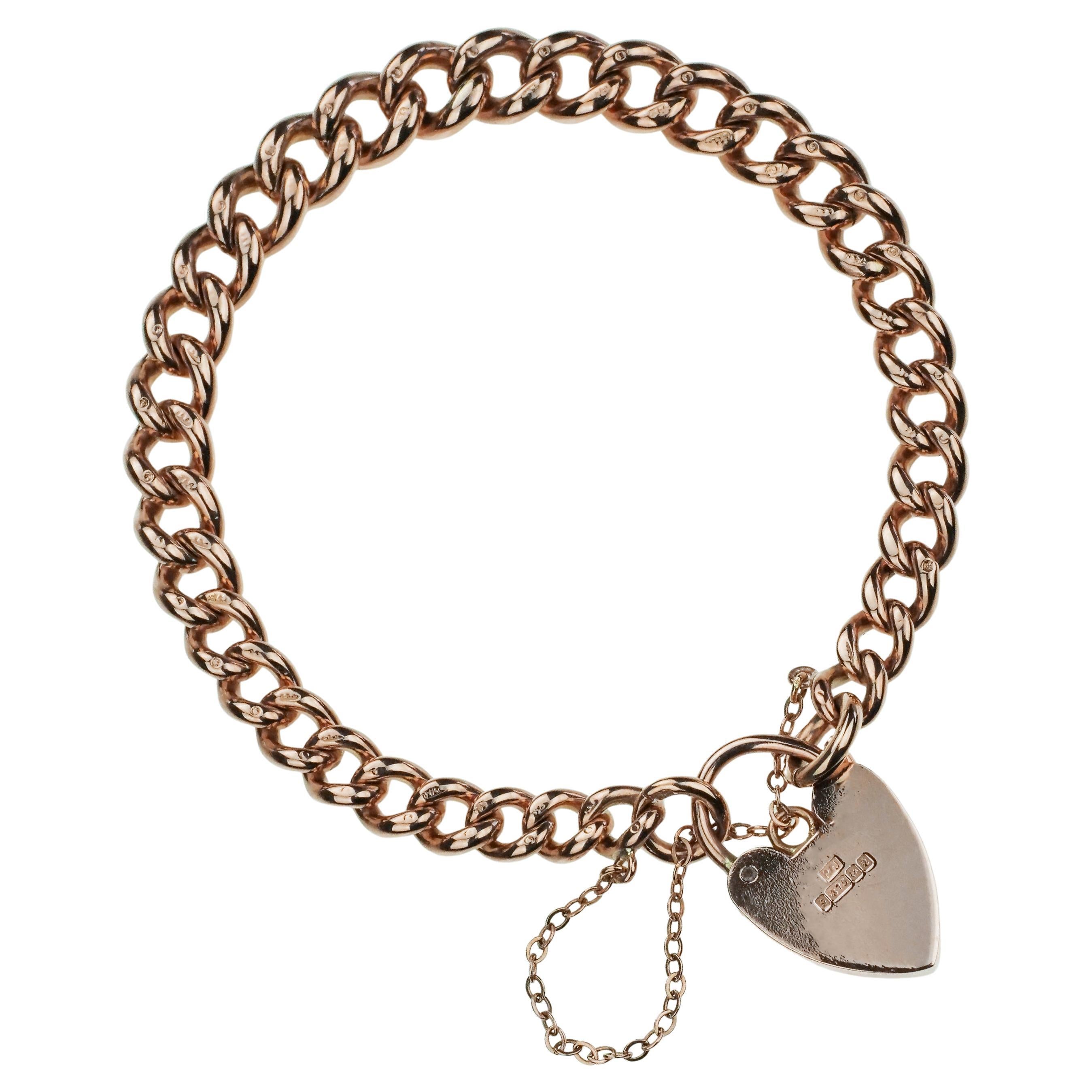 Vintage 1965 9ct Rose Gold Curb Bracelet with Heart Padlock, British Hallmarked For Sale