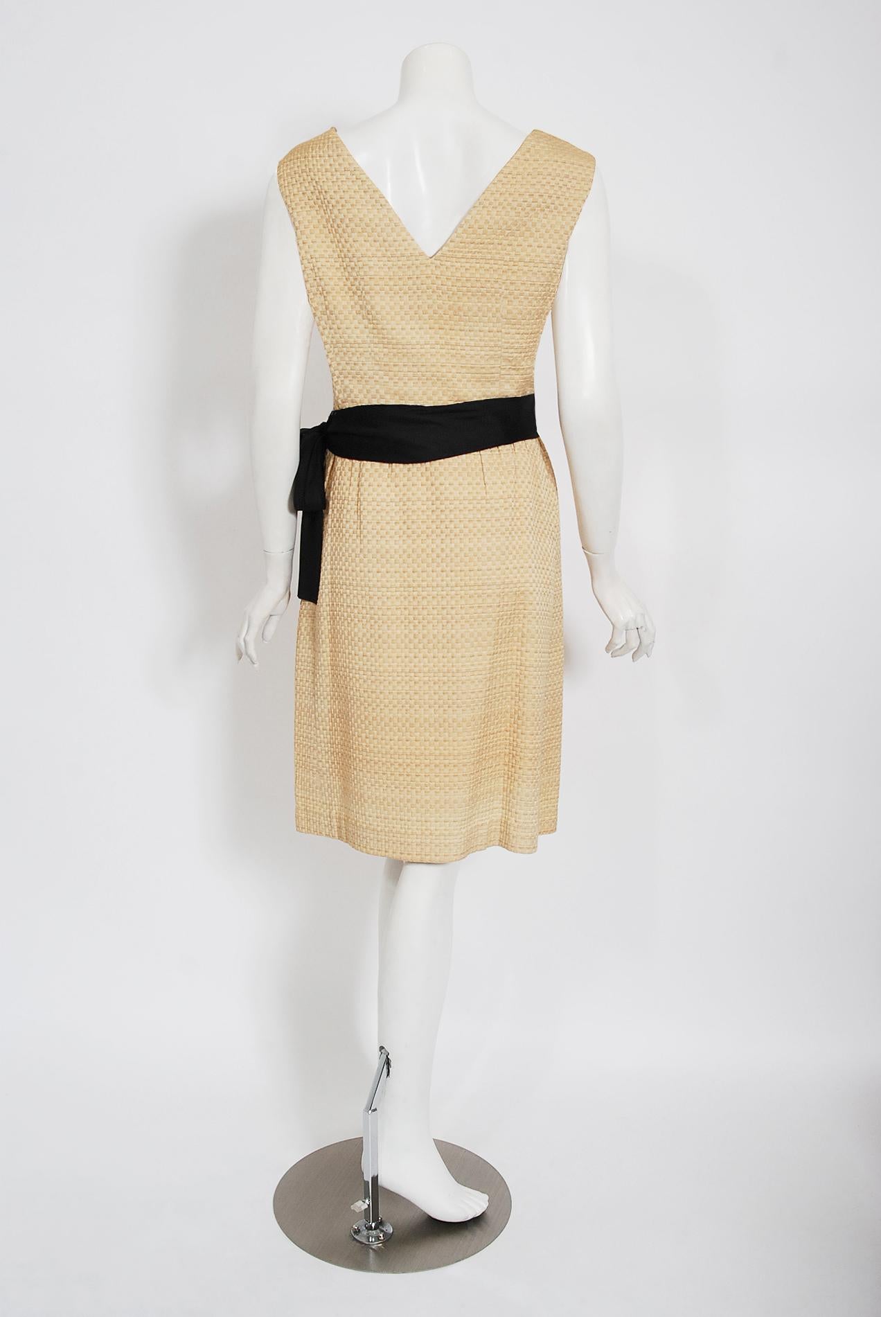 Vintage 1965 Balenciaga Haute Couture Beige Silk Sash-Bow Dress and Jacket Set 4