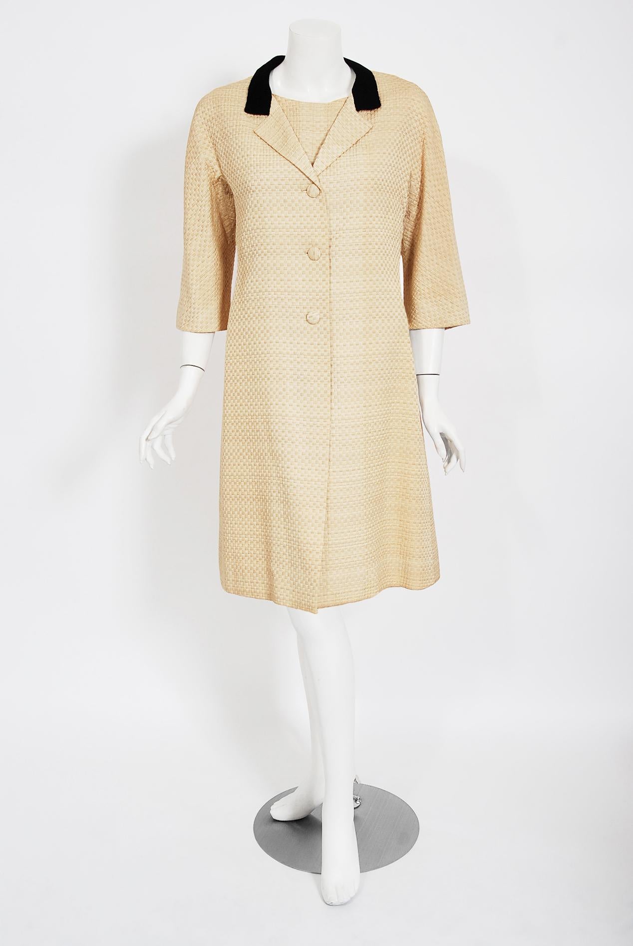 Stunning Balenciaga haute couture beige textured-silk cocktail dress with matching jacket dating back to 1965. Cristobal Balenciaga began his life's work in fashion at a very young age. It is fabled that the Marquesa de Casa Torres, who was so taken