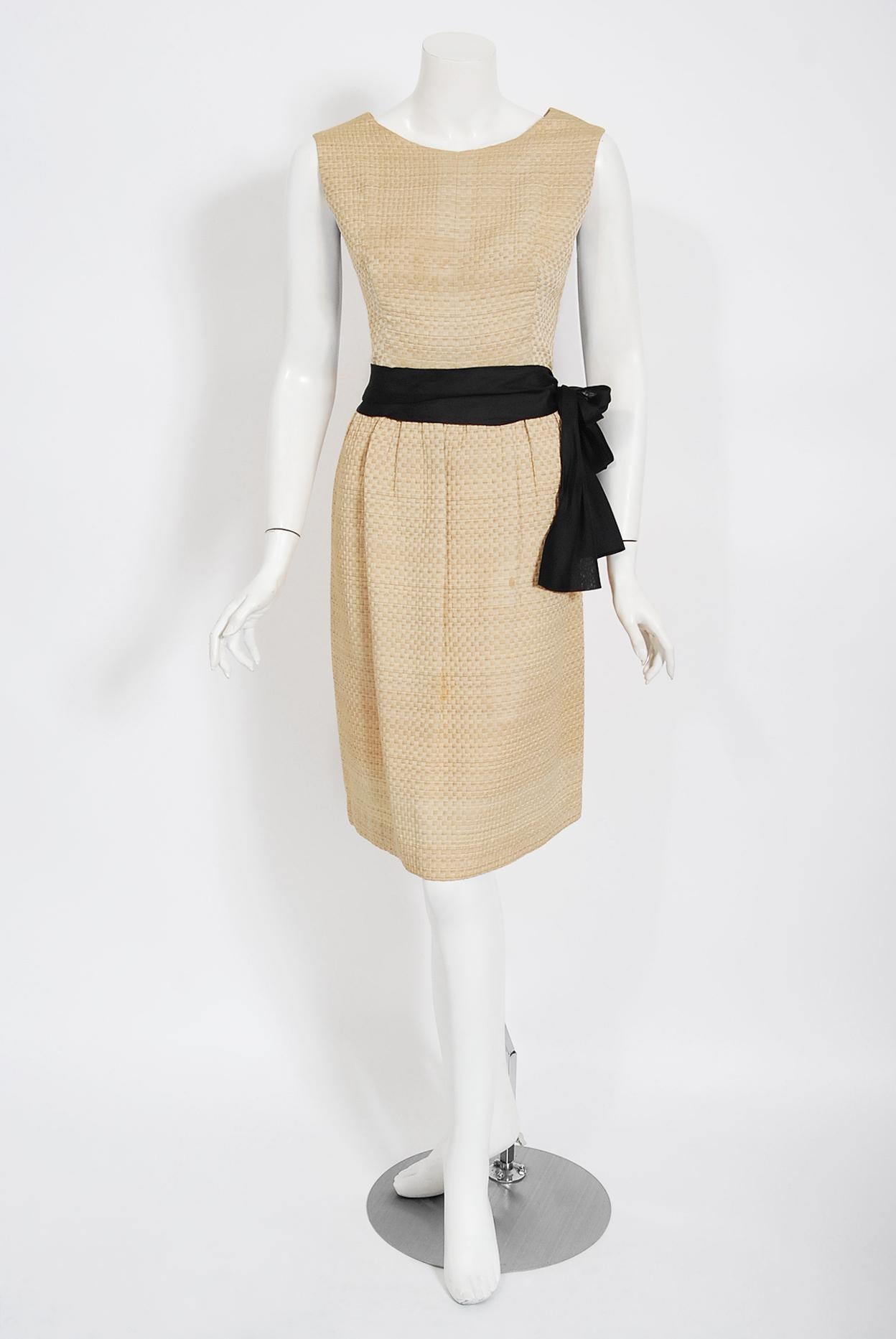 Vintage 1965 Balenciaga Haute Couture Beige Silk Sash-Bow Dress and Jacket Set 2