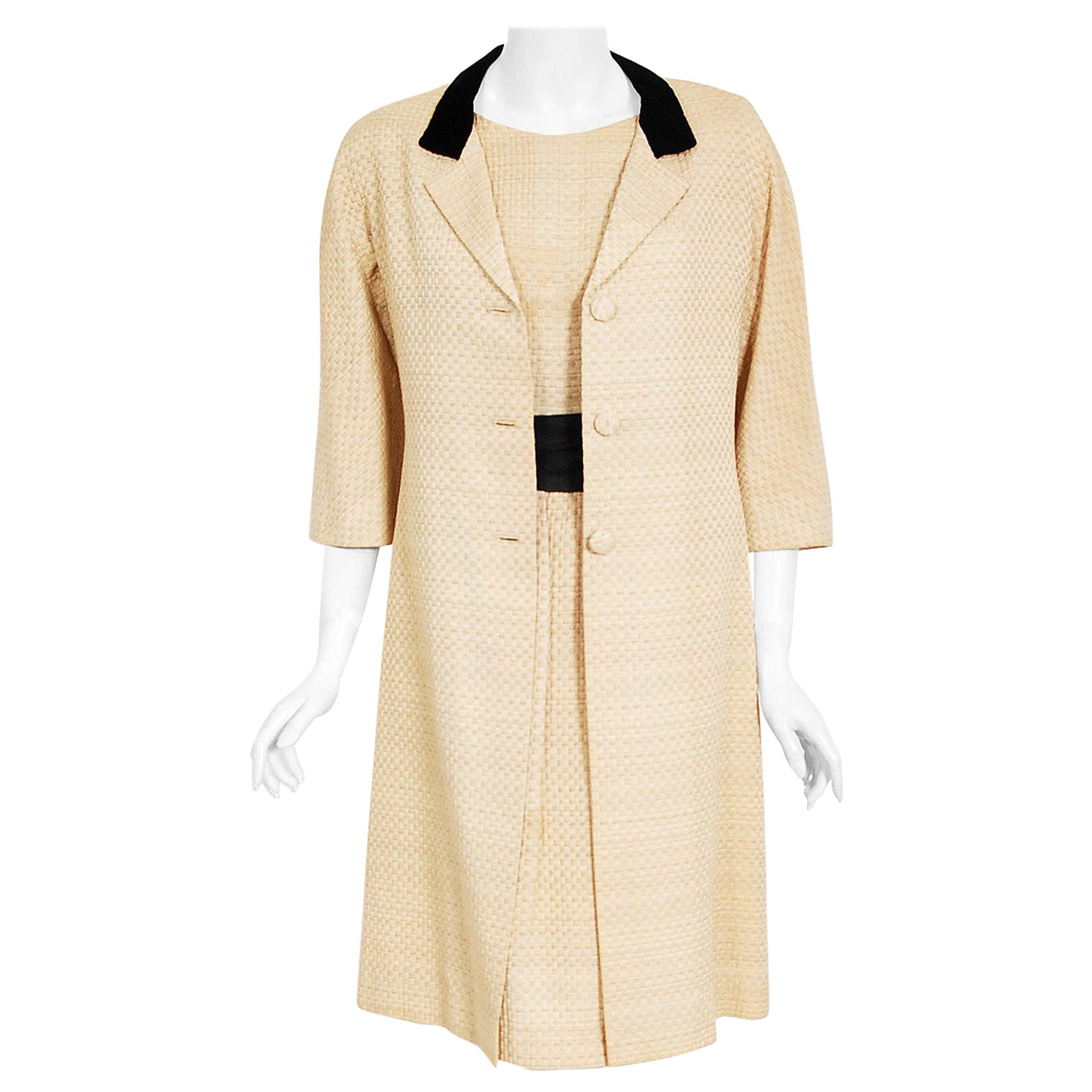 Vintage 1965 Balenciaga Haute Couture Beige Silk Sash-Bow Dress and Jacket Set
