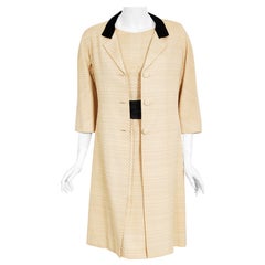 Vintage 1965 Balenciaga Haute Couture Beige Sash-Bow Silk Dress and Jacket Set