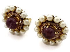 Vintage 1965 CHRISTIAN DIOR Amethyst Cabochon Pearl Earrings
