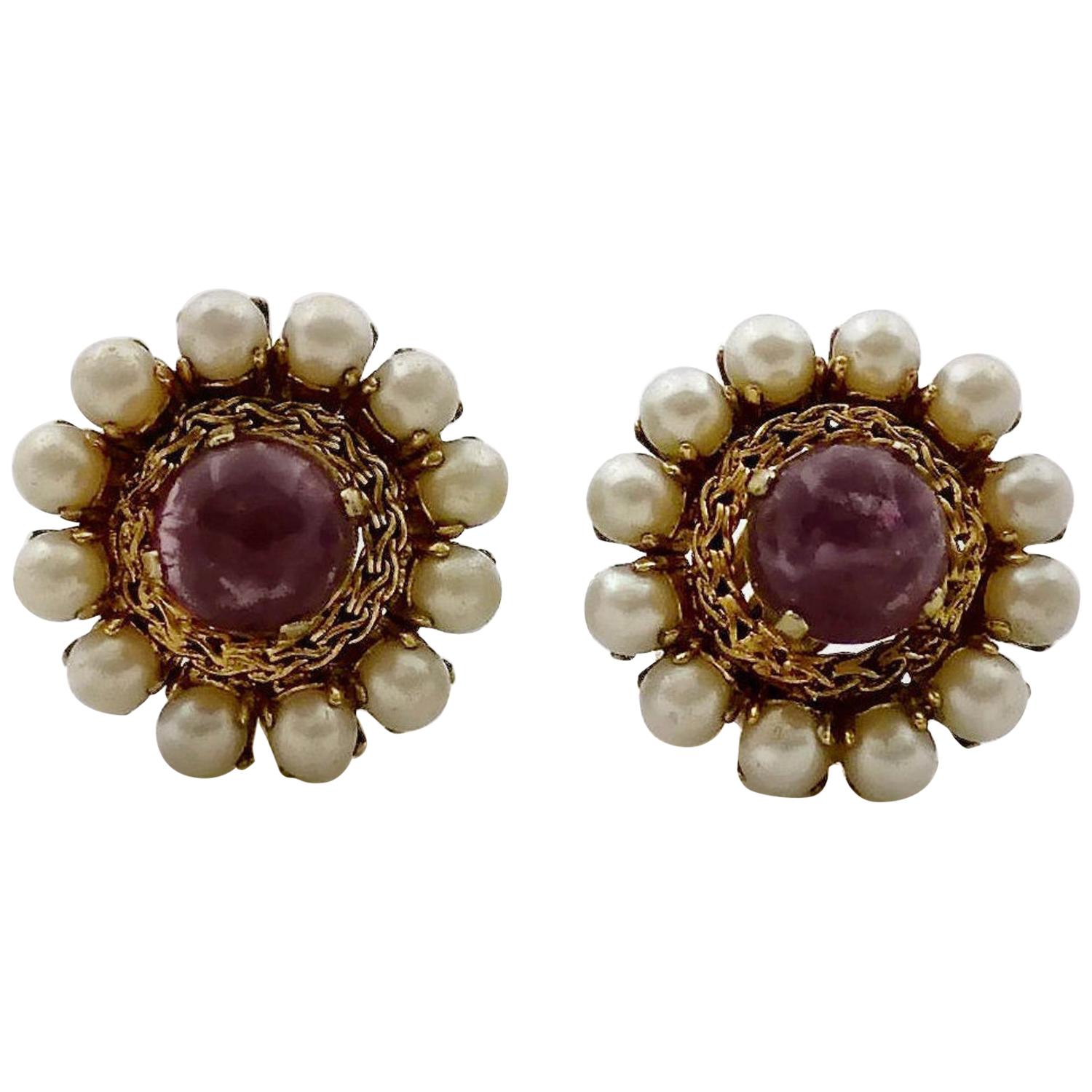 Vintage 1965 CHRISTIAN DIOR Amethyst Cabochon Pearl Earrings at 1stDibs