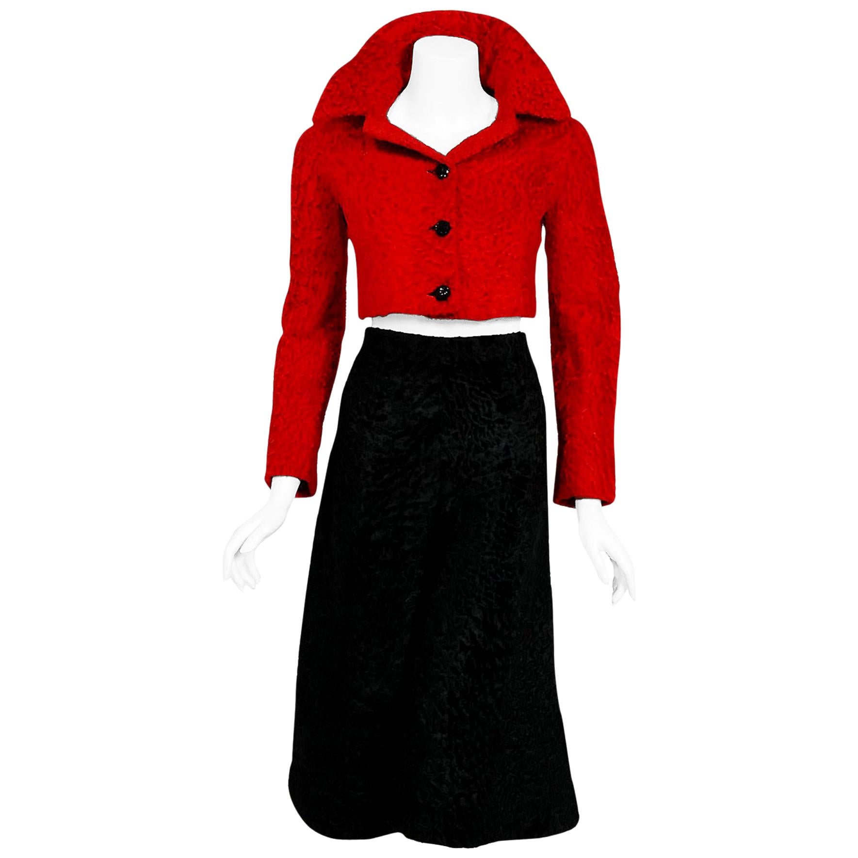 Vintage 1960s Christian Dior Couture Red Black Broadtail Jacket and Gaucho Pants