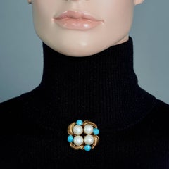 Vintage 1965 CHRISTIAN DIOR Glass Pearl and Turquoise Cabochons Brooch