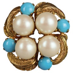 Vintage 1965 CHRISTIAN DIOR Glass Pearl and Turquoise Cabochons Brooch