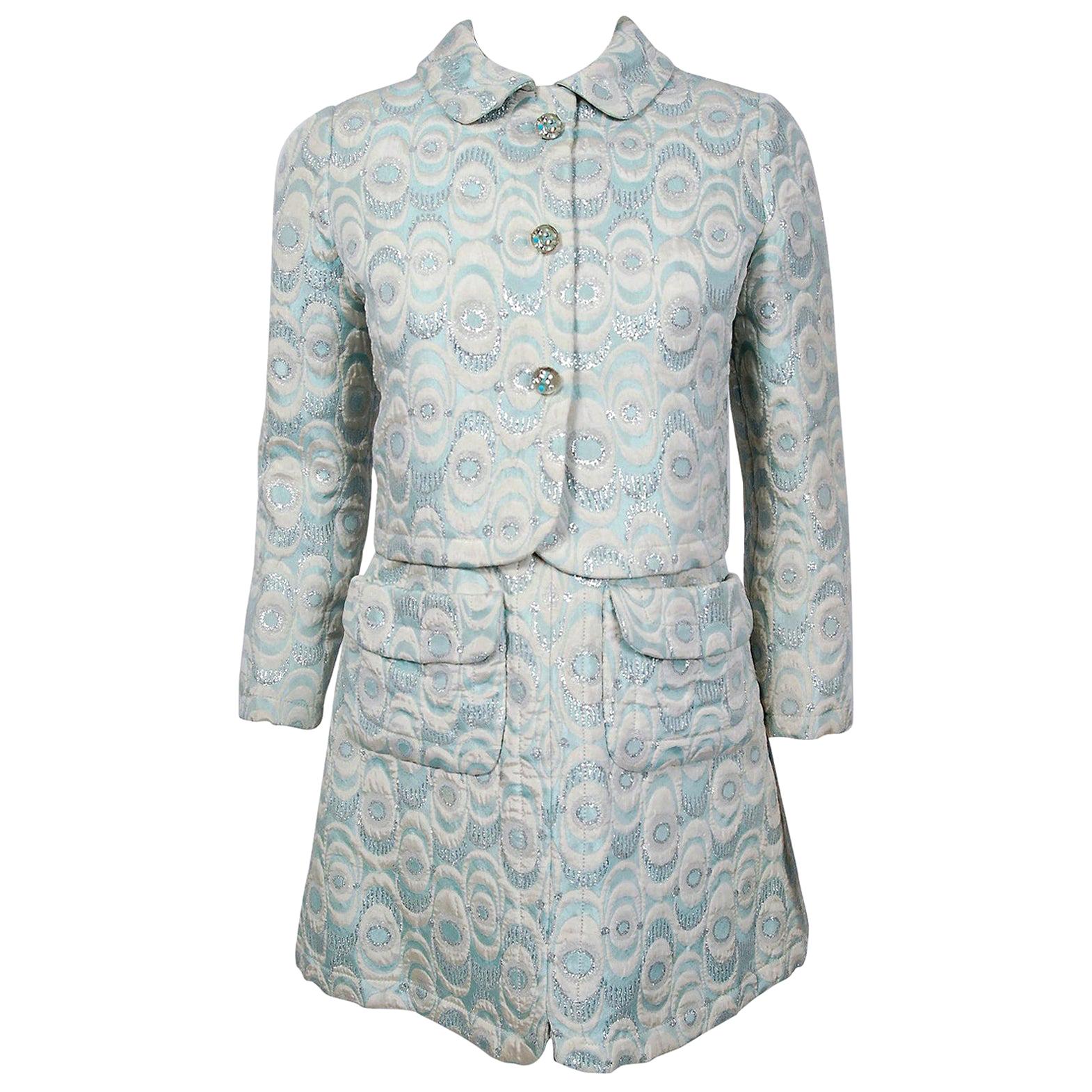 Vintage 1960s Jean Patou Couture Light-Blue Metallic Brocade Mini Dress & Jacket