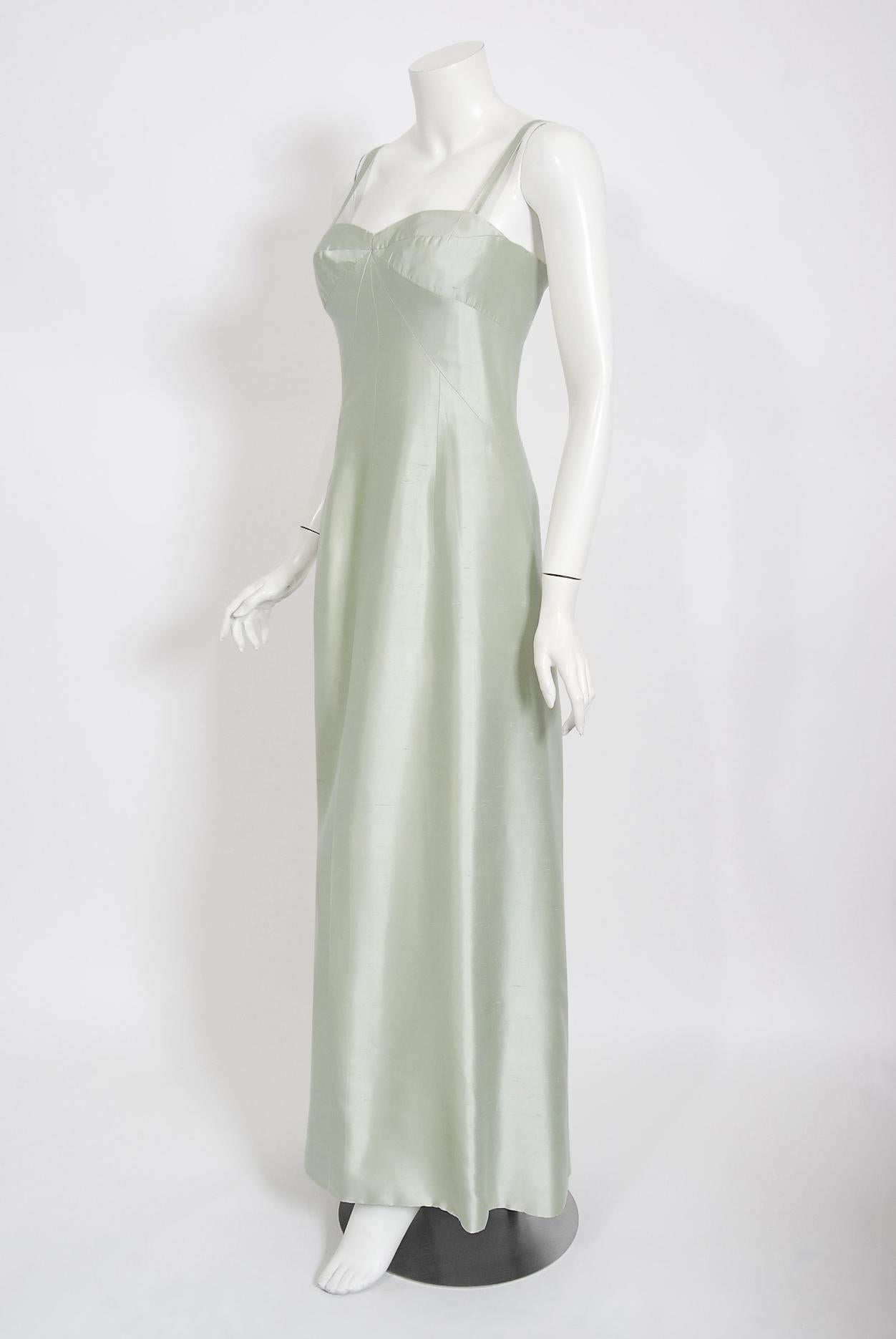 Gray Vintage 1965 Jean Patou Haute Couture Icy Blue-Green Silk Plunge Sculptural Gown For Sale