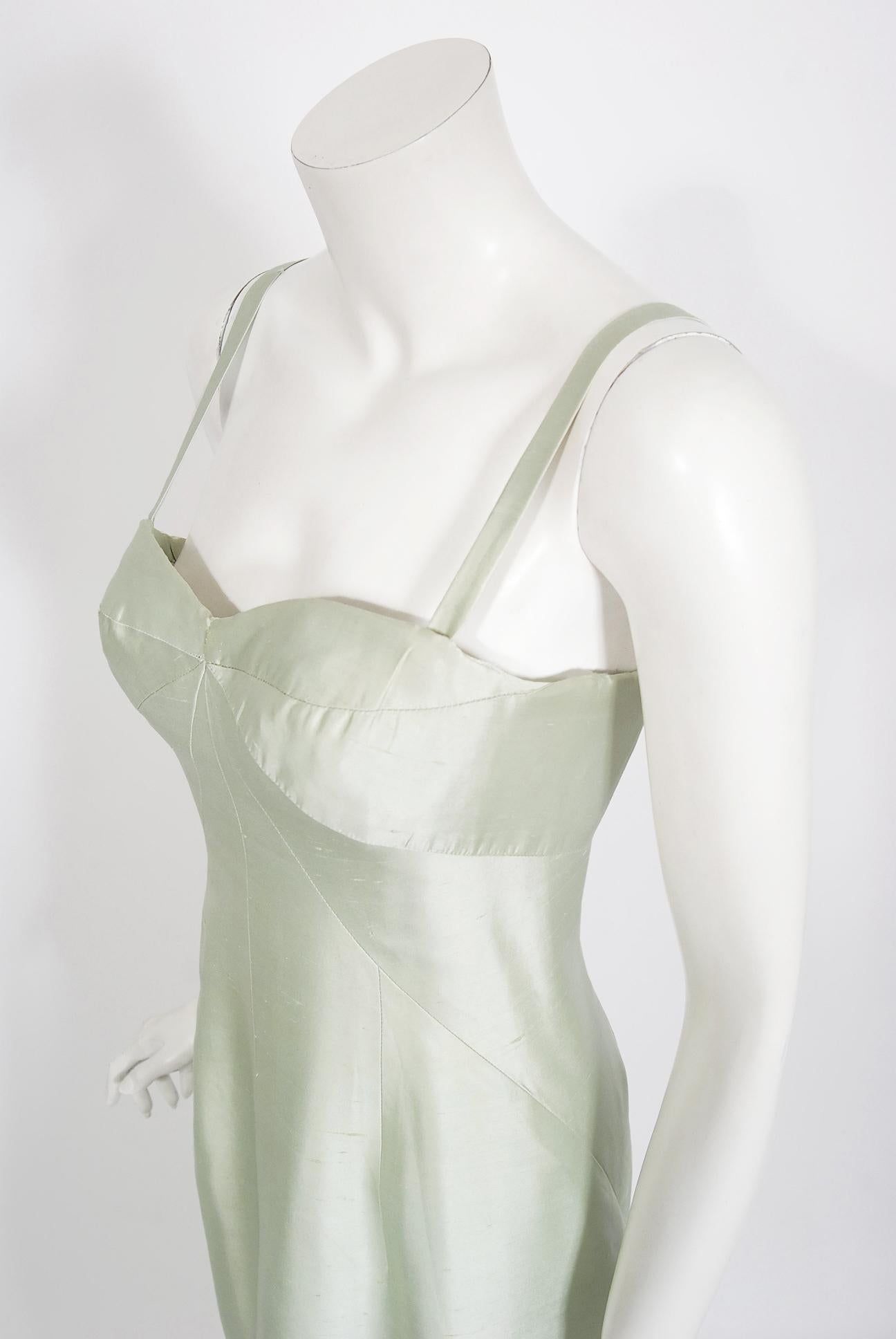 Vintage 1965 Jean Patou Haute Couture Icy Blue-Green Silk Plunge Sculptural Gown In Fair Condition For Sale In Beverly Hills, CA