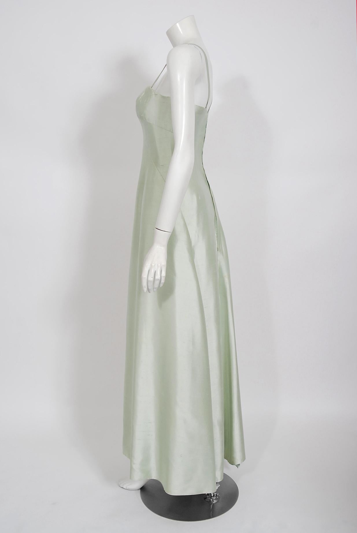 Women's Vintage 1965 Jean Patou Haute Couture Icy Blue-Green Silk Plunge Sculptural Gown For Sale