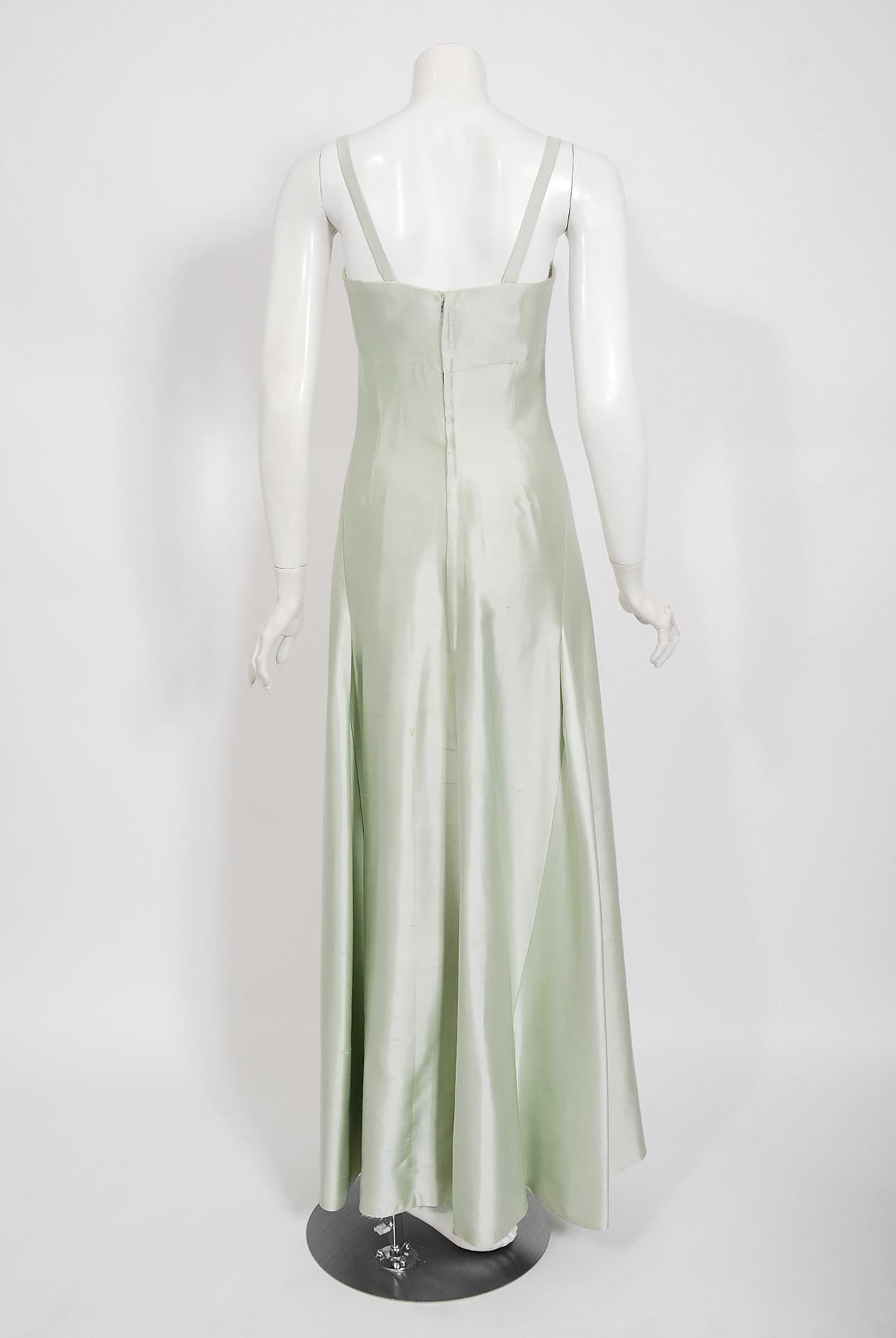 Vintage 1965 Vestido escultural de alta costura Jean Patou de seda azul verdoso helada 4